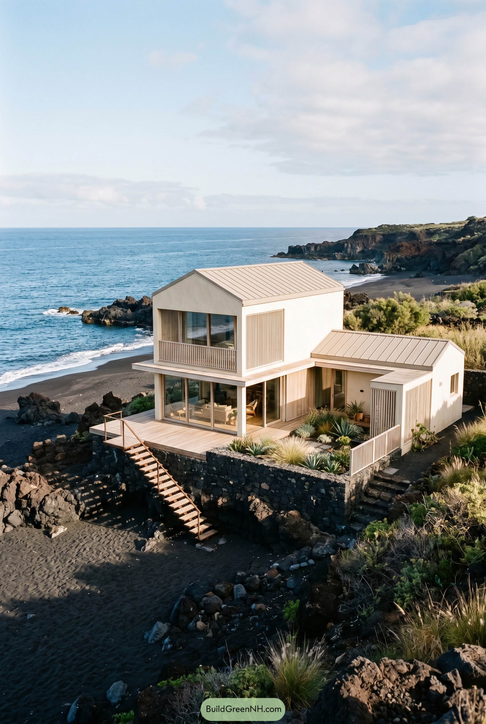 Modern white beach house on black sand coast