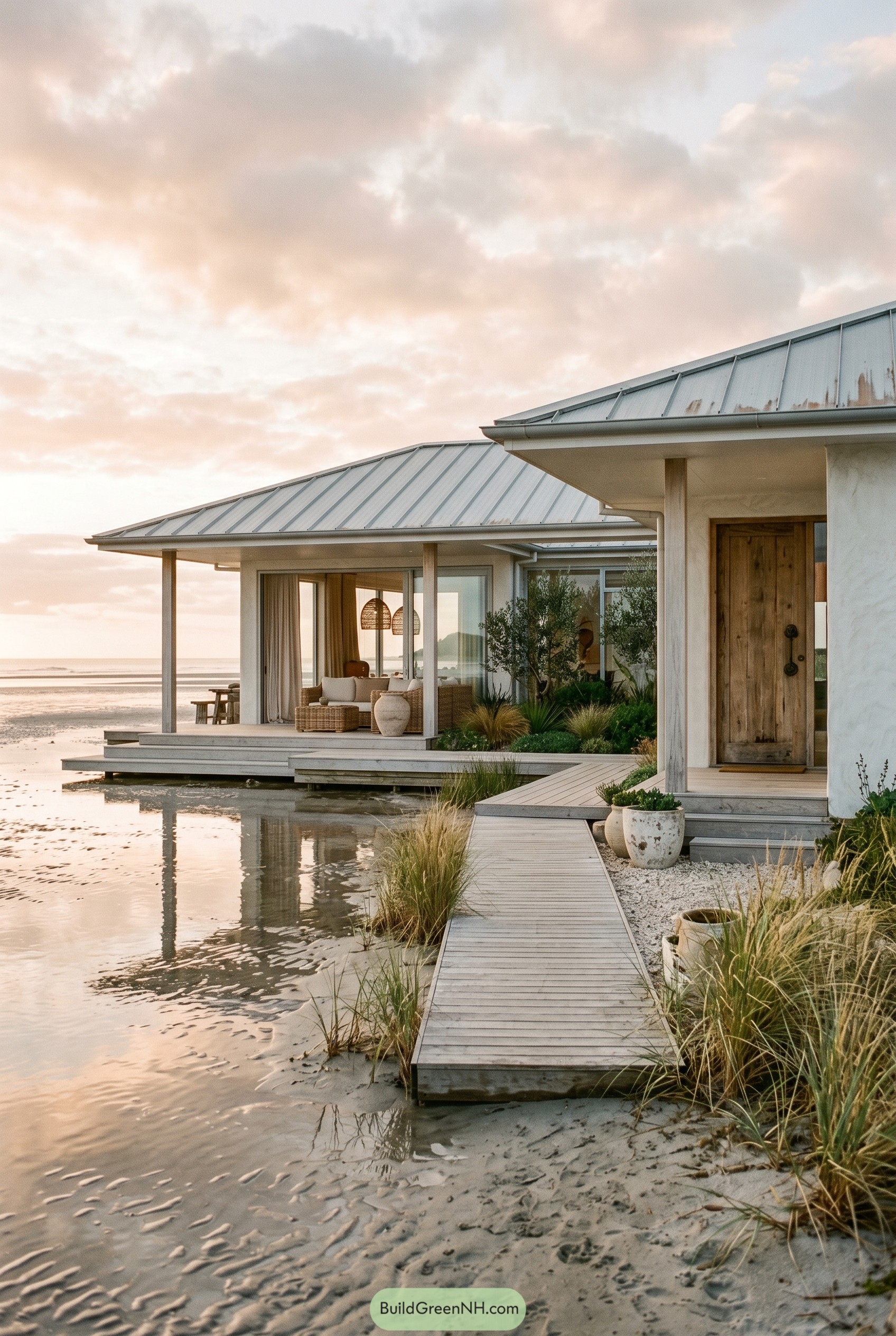 Boho beach house with boardwalk on wet sand