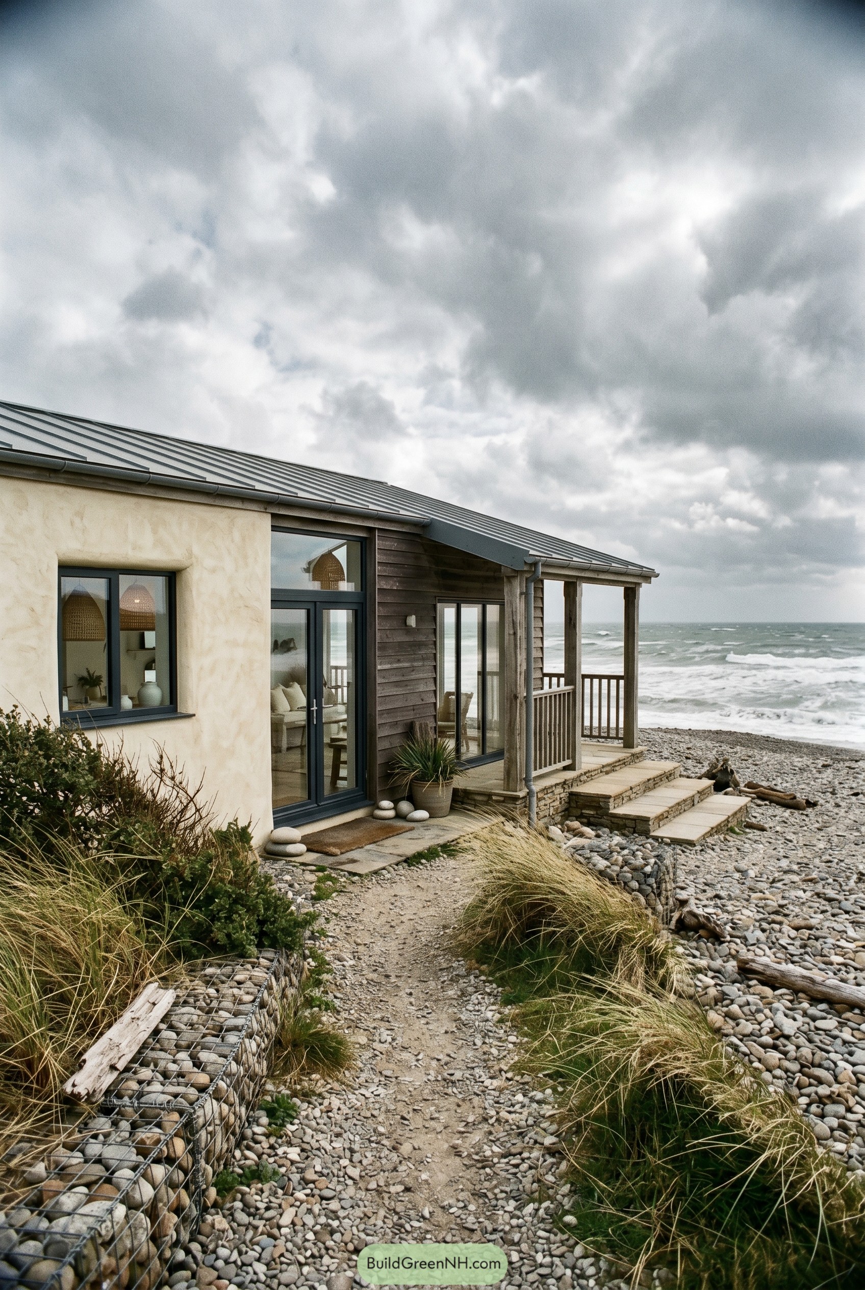 Boho beach bungalow with plaster walls and timber porch on a rocky shore