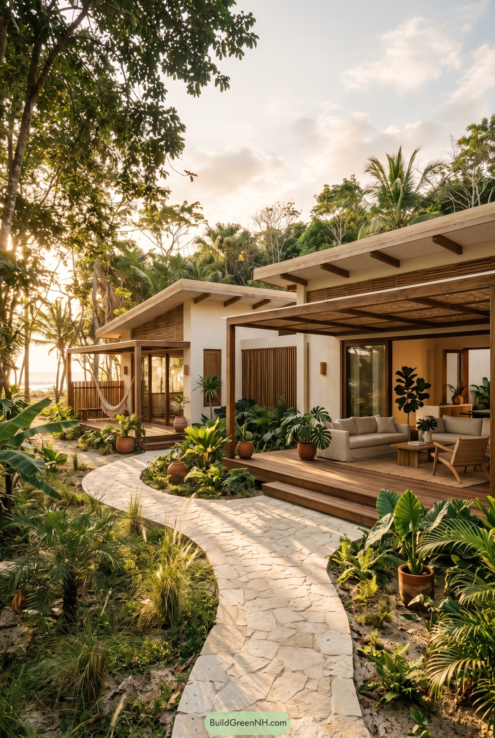 Modern tropical beach house with wood veranda and hammock