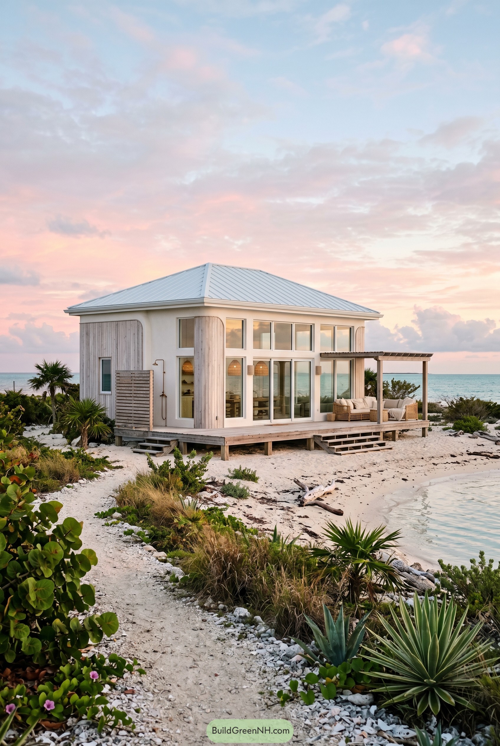 Modern boho beach house on a sandy shoreline