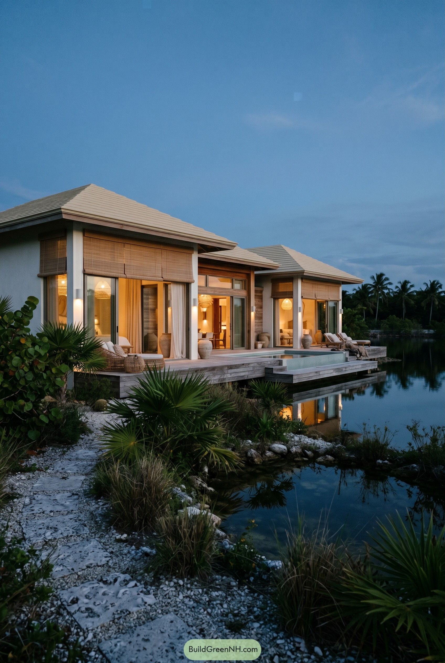 Modern boho villa with pool over calm lagoon