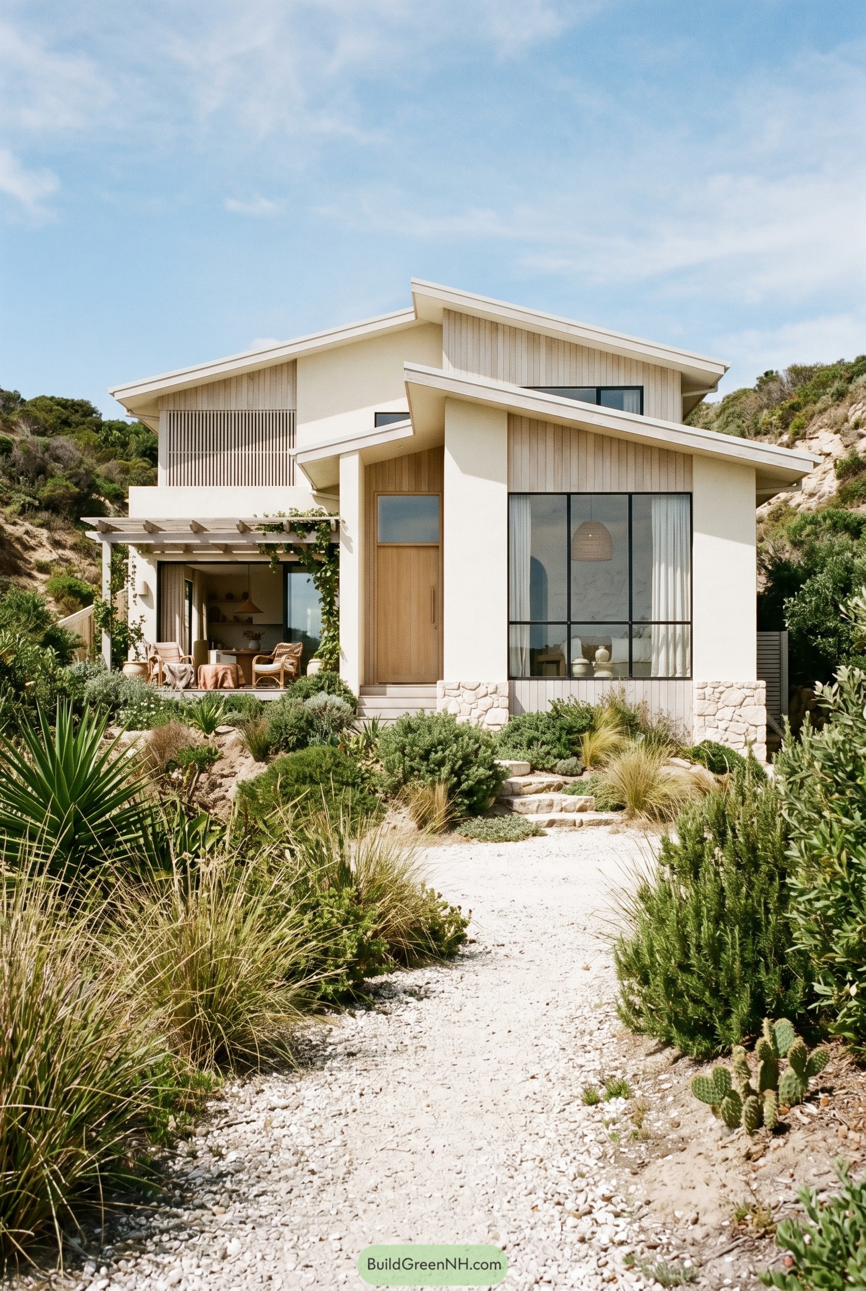 Modern boho beach house with layered gables and coastal garden