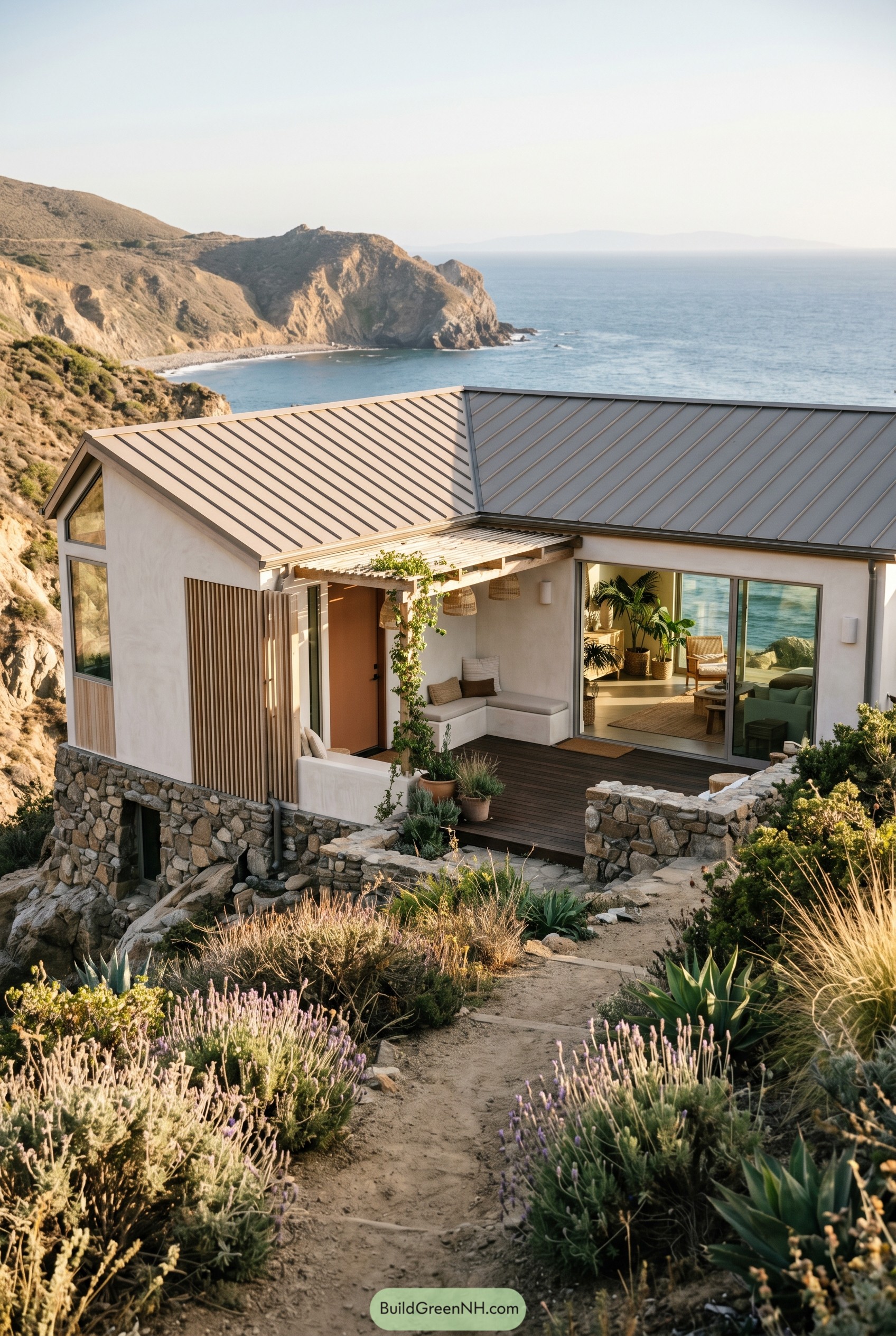 Modern boho beach house on a rocky cove