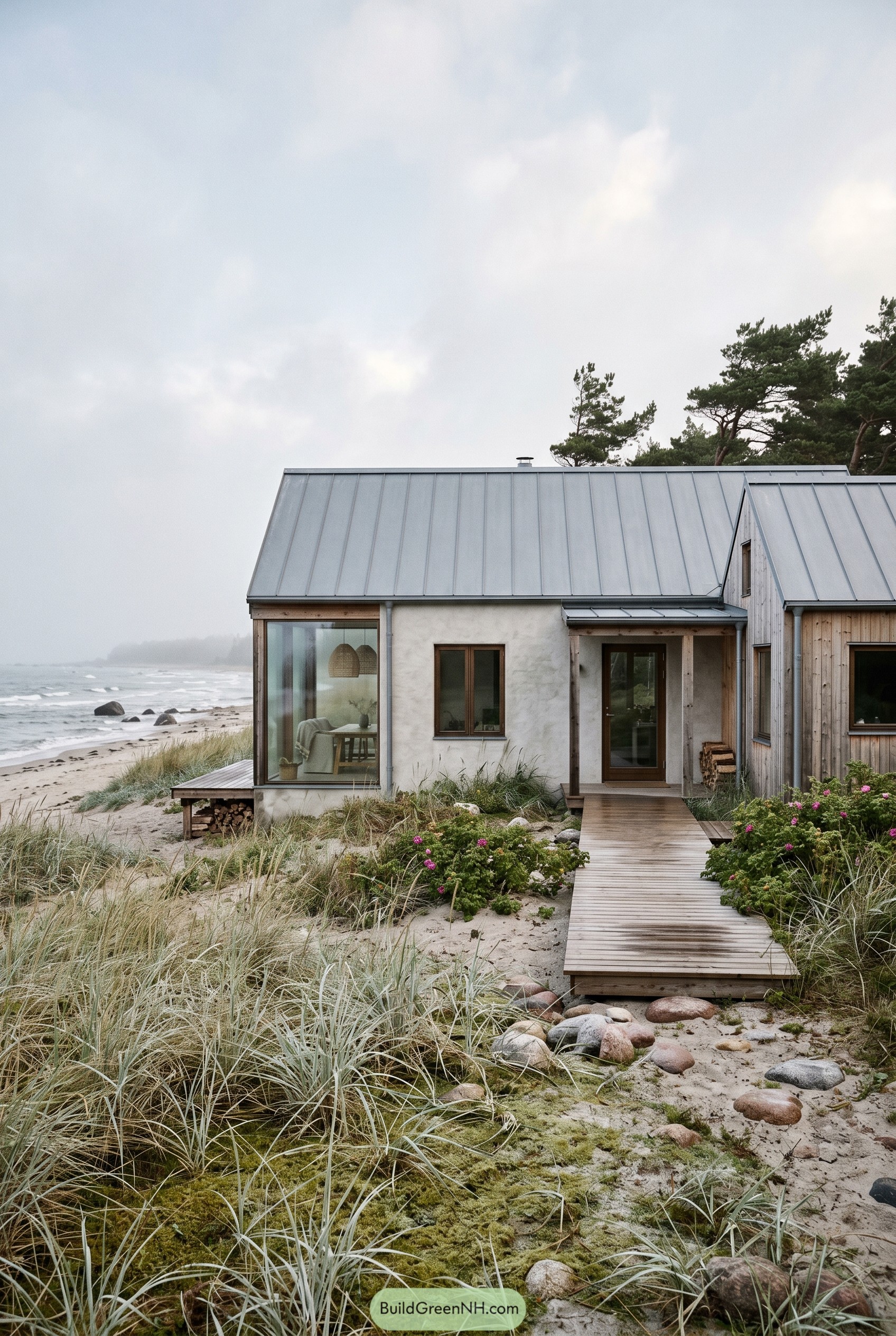 Boho beach house with metal roof in dunes