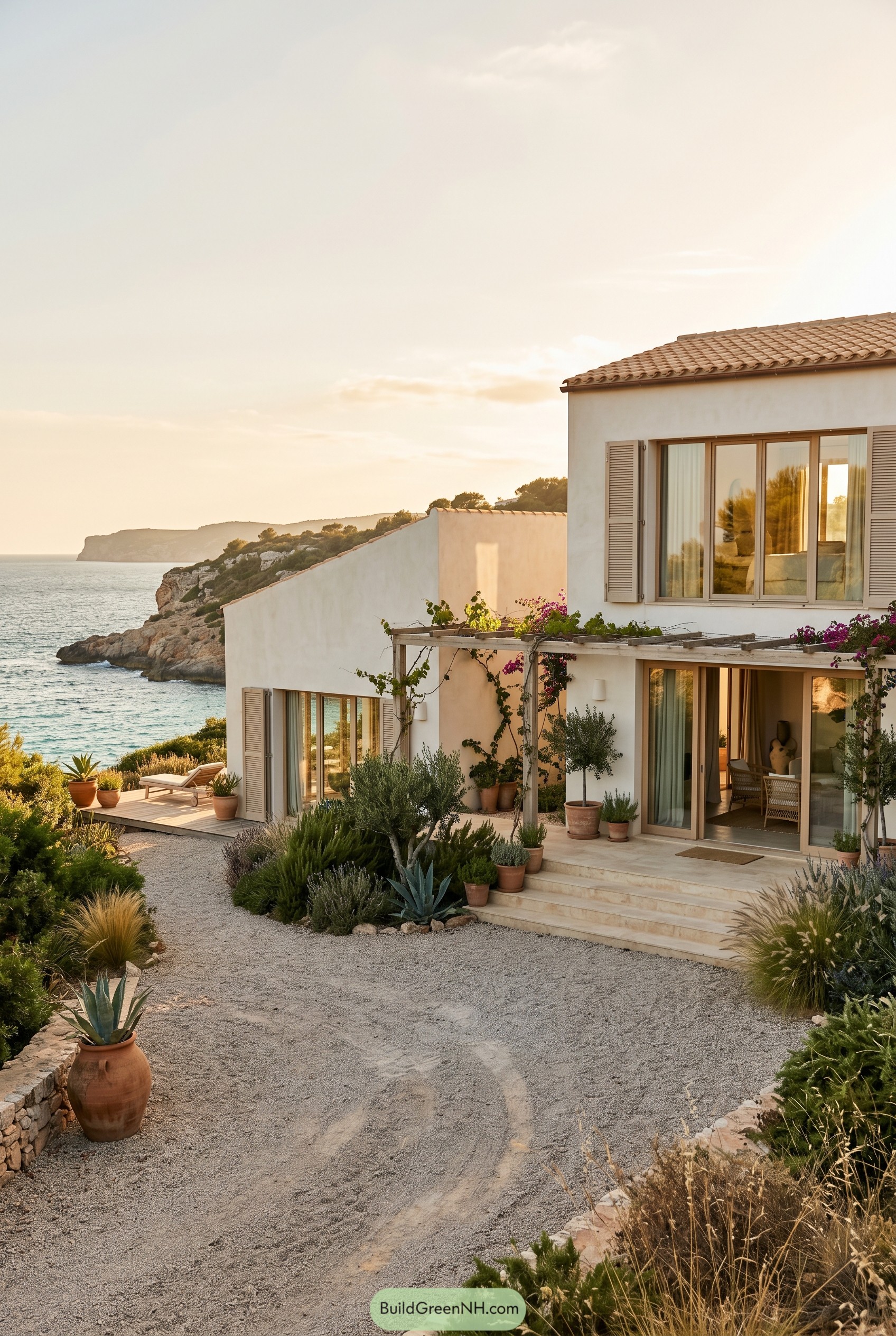 White coastal villa with pergola by rocky cove