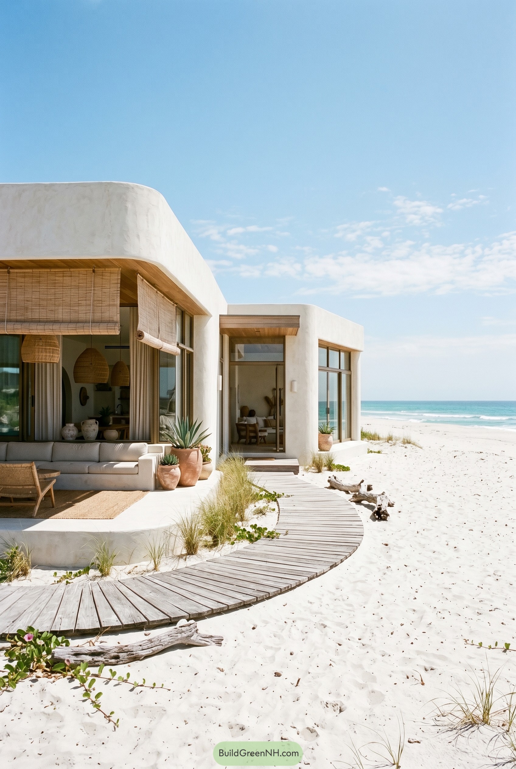 White stucco beach house with woven shades