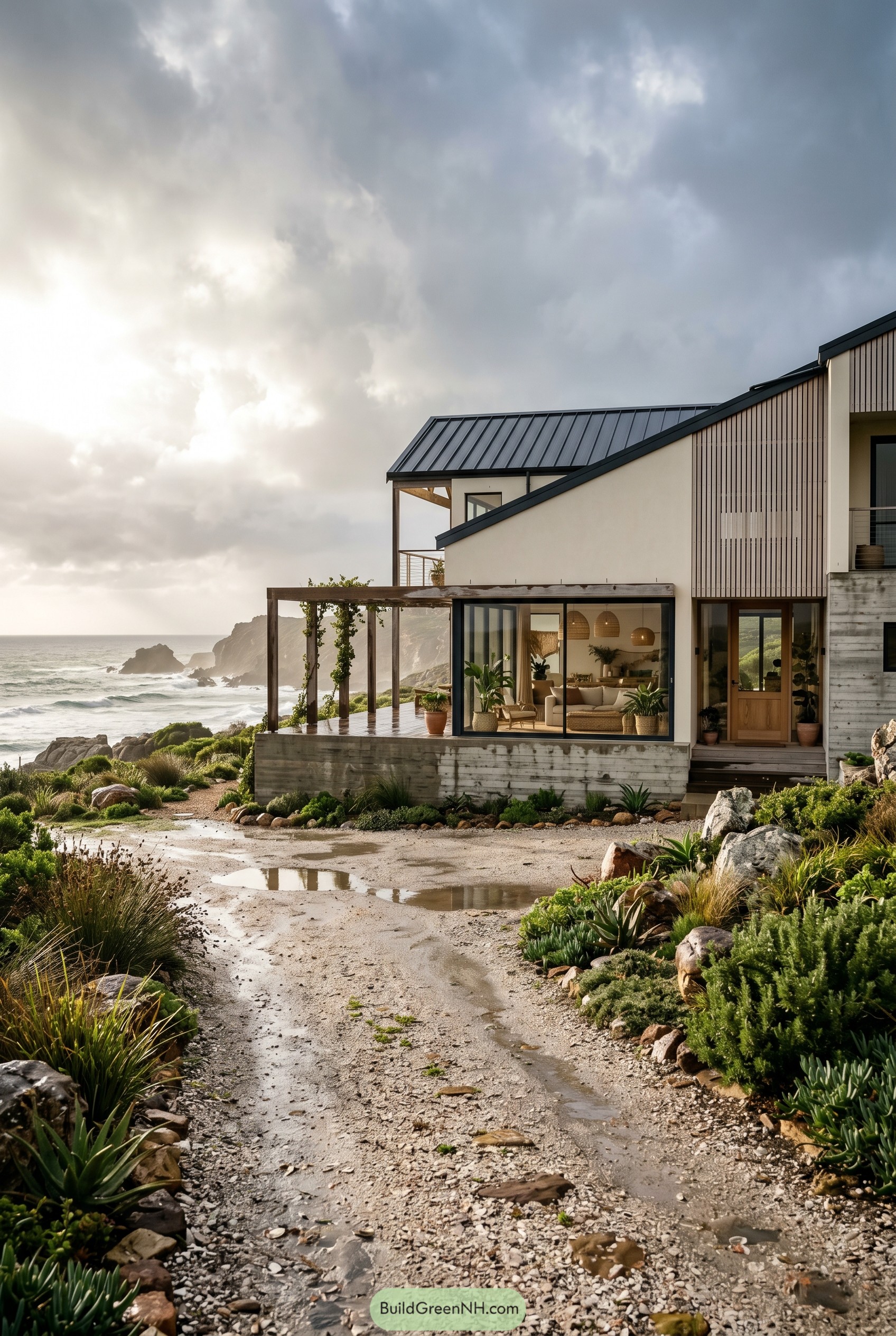 Modern boho beach house on rocky coast