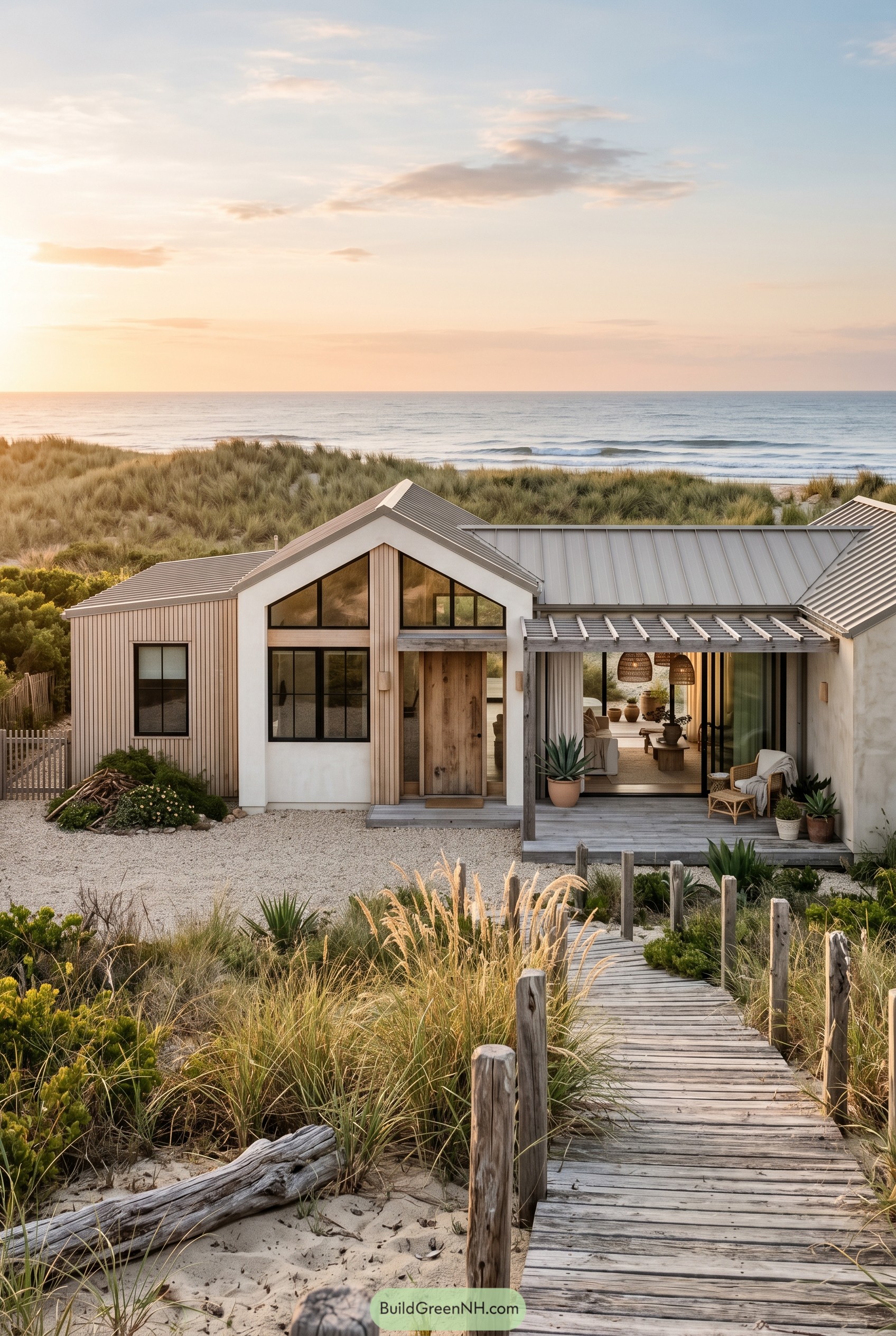 Modern boho beach house facing ocean dunes