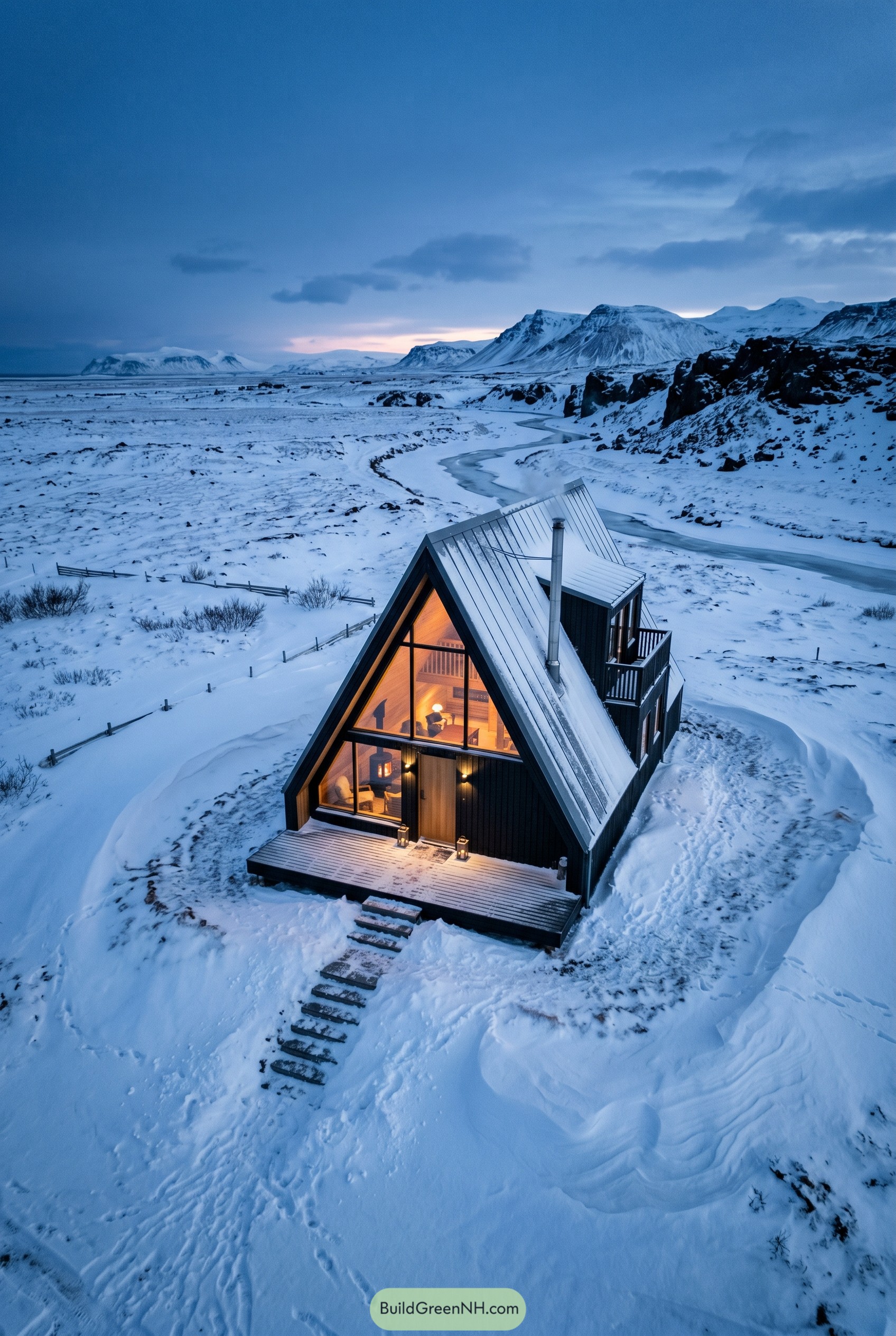 Black A-frame cabin glowing in a snowy valley