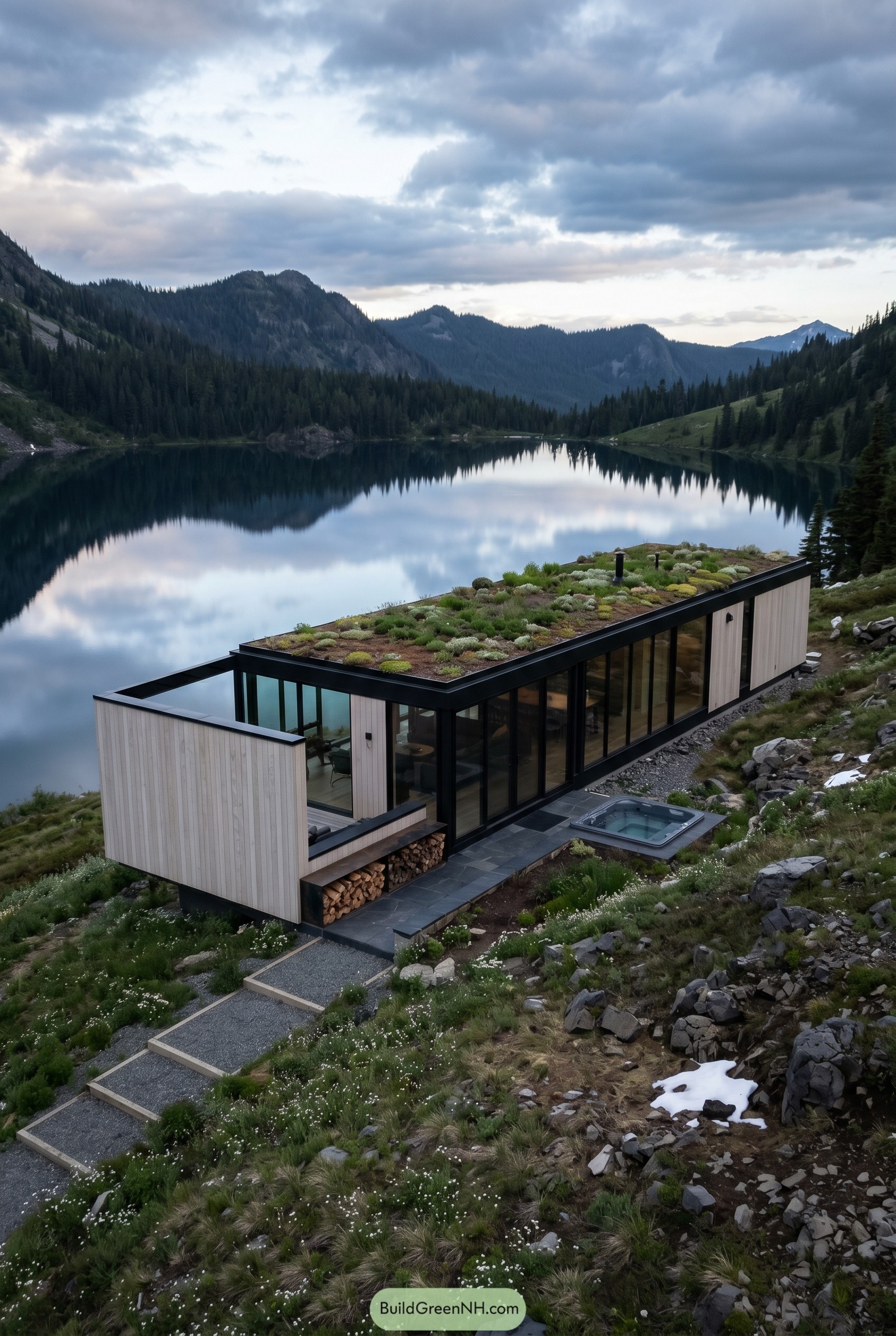 Modern lakeside cabin with green roof
