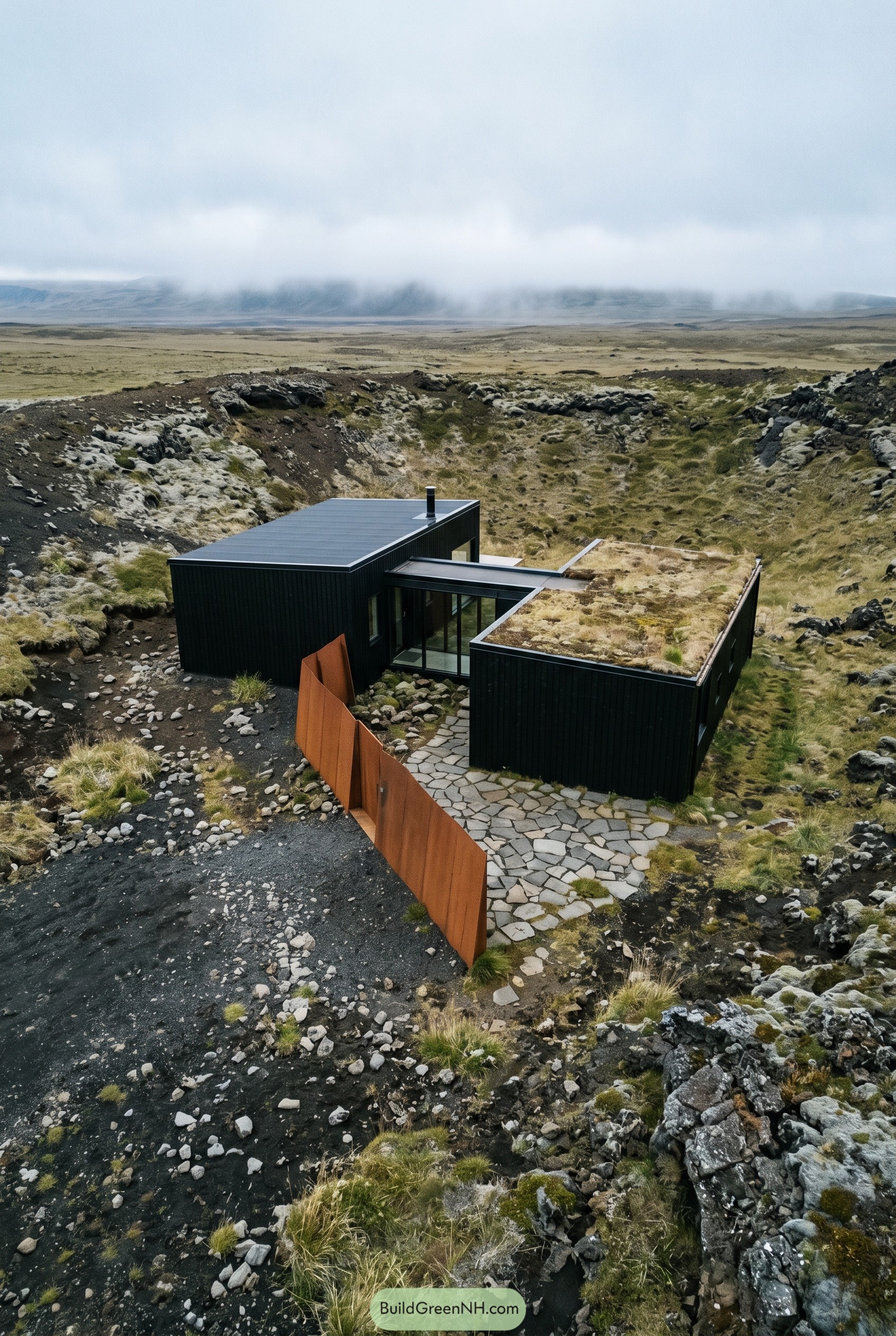 Black cabin with turf roof in lava field