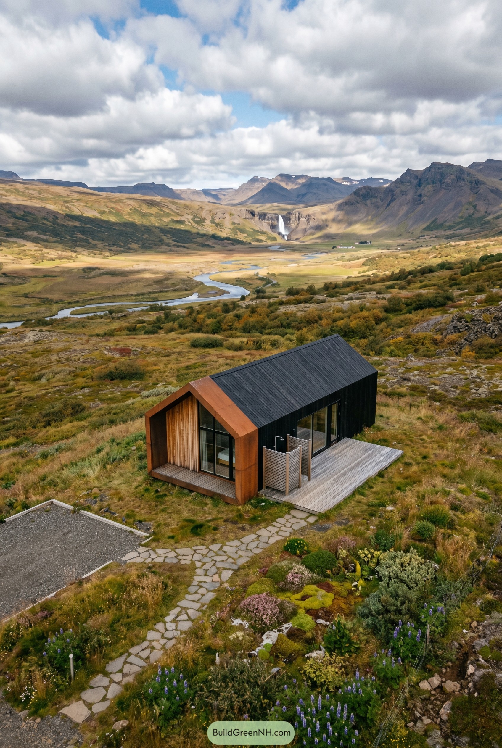 Modern black cabin with rusted steel gable in a valley