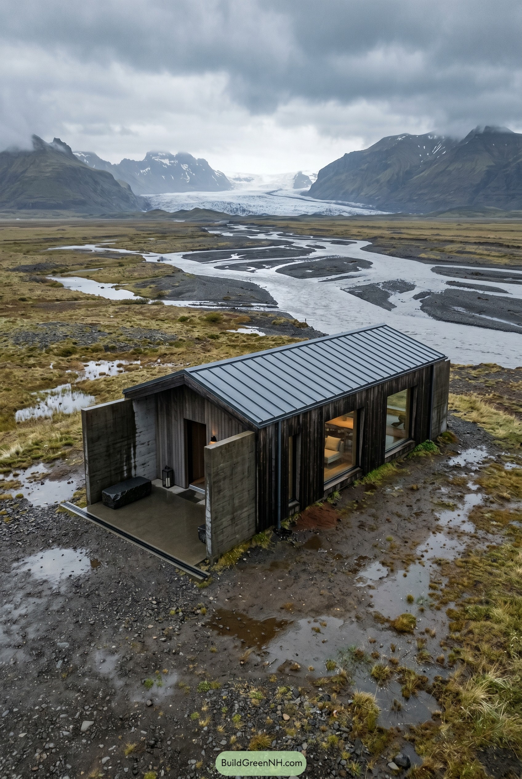Dark timber cabin beside a braided glacial river