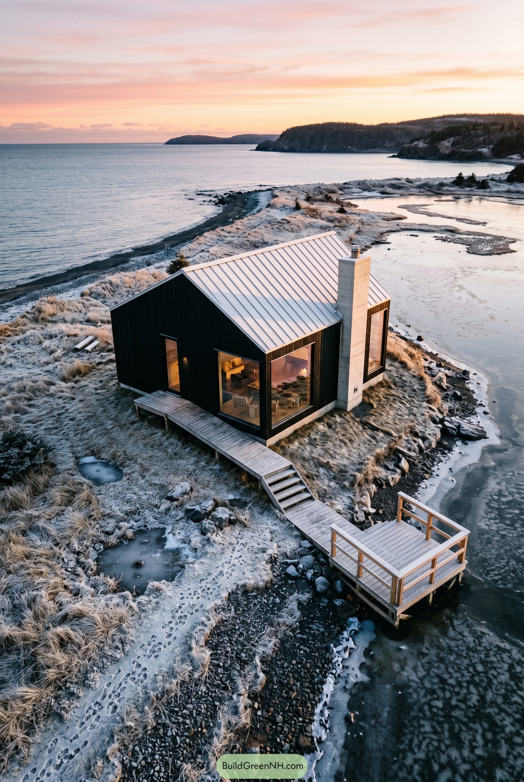 Black gabled cottage beside frozen inlet