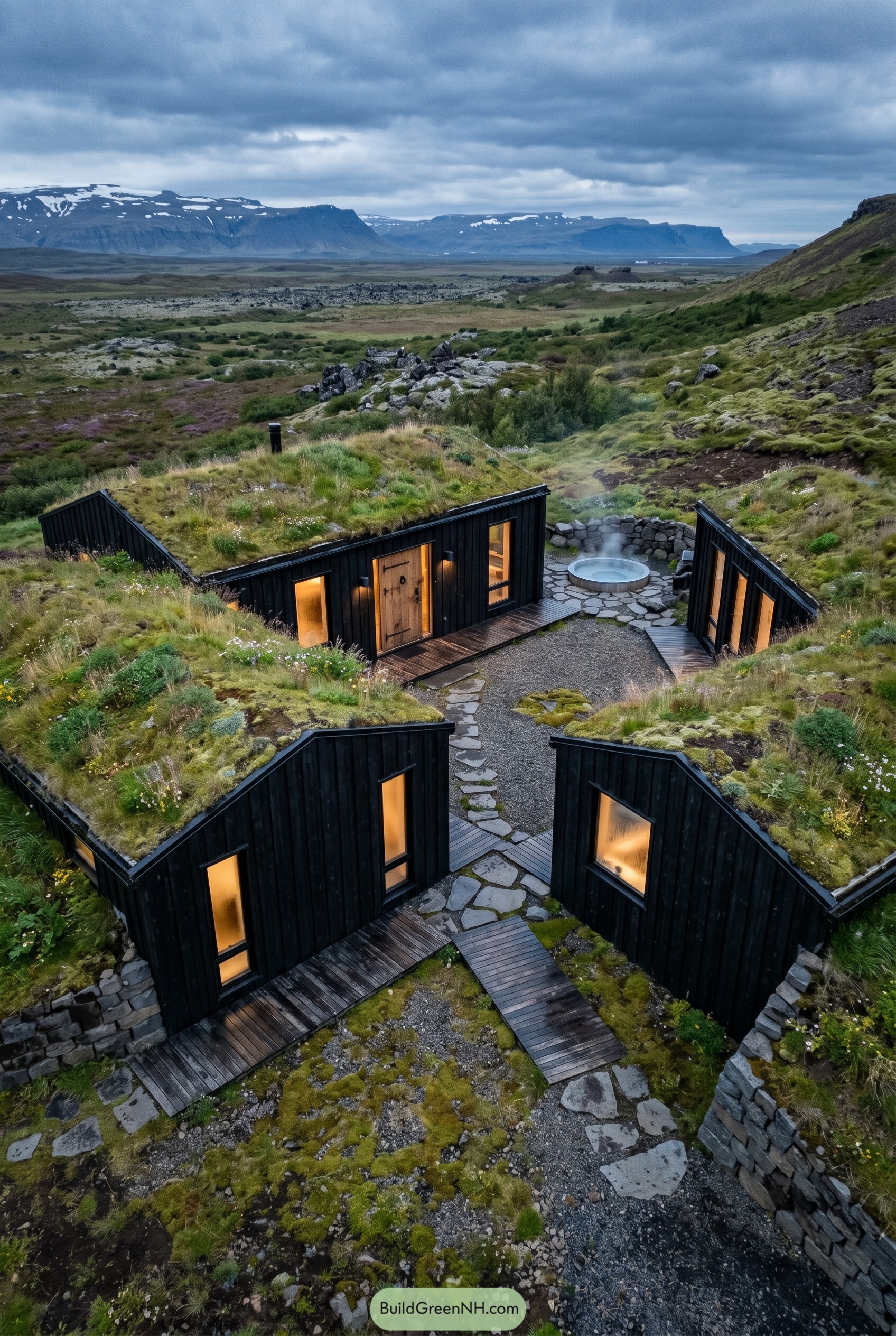 Black turf roof cabins around a stone hot tub