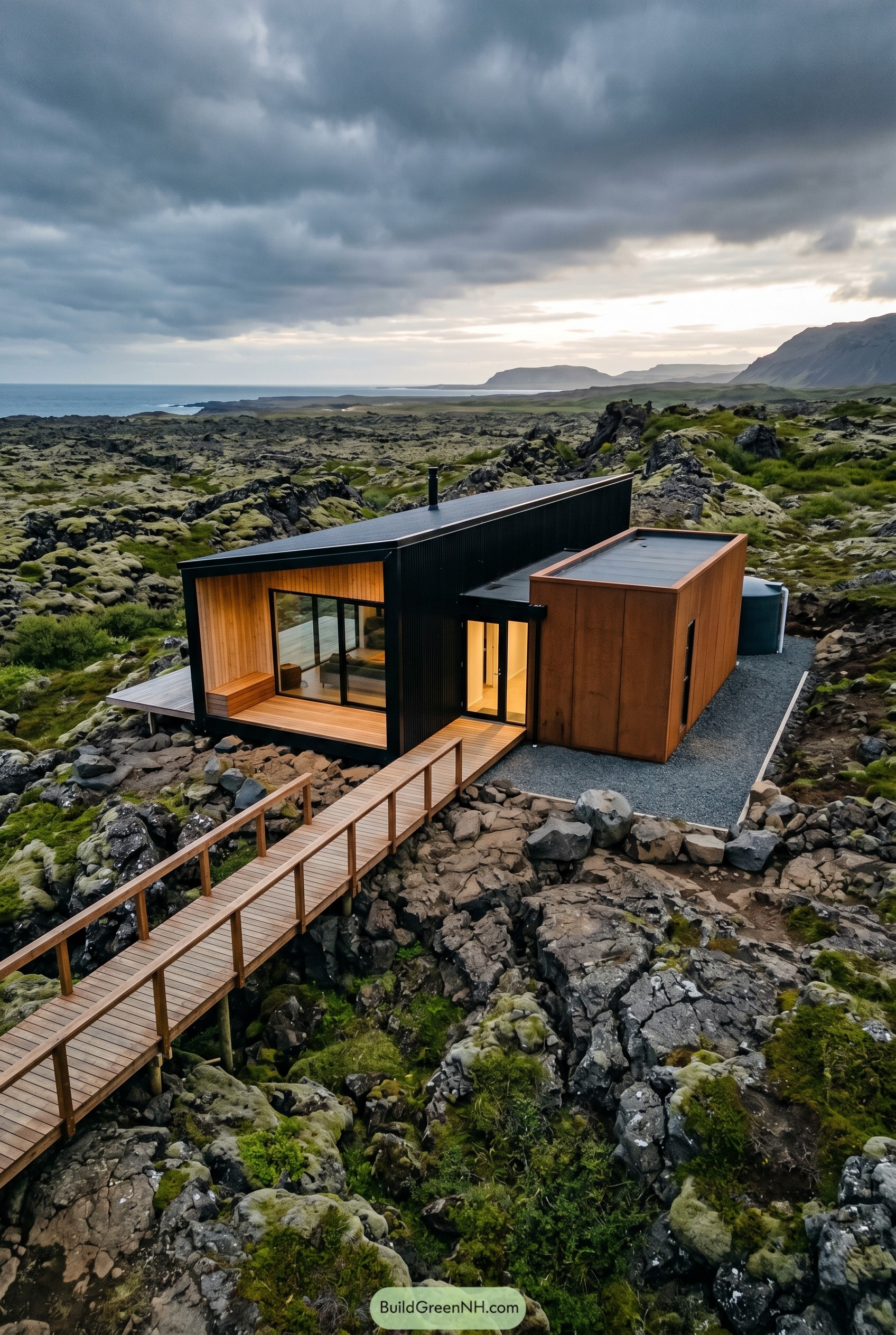 Angular cabin on volcanic moss with boardwalk