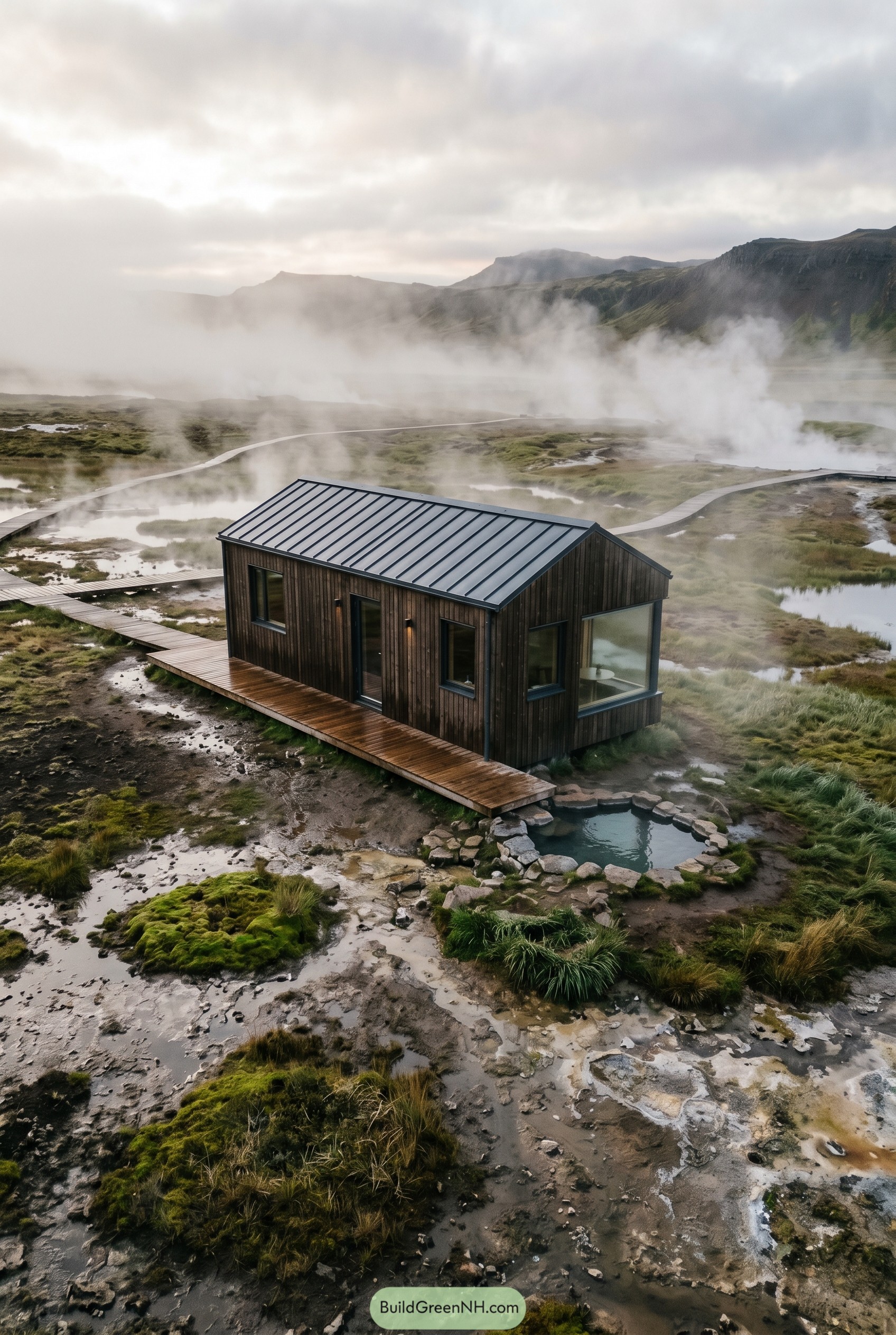 Dark timber cabin beside a steaming geothermal marsh
