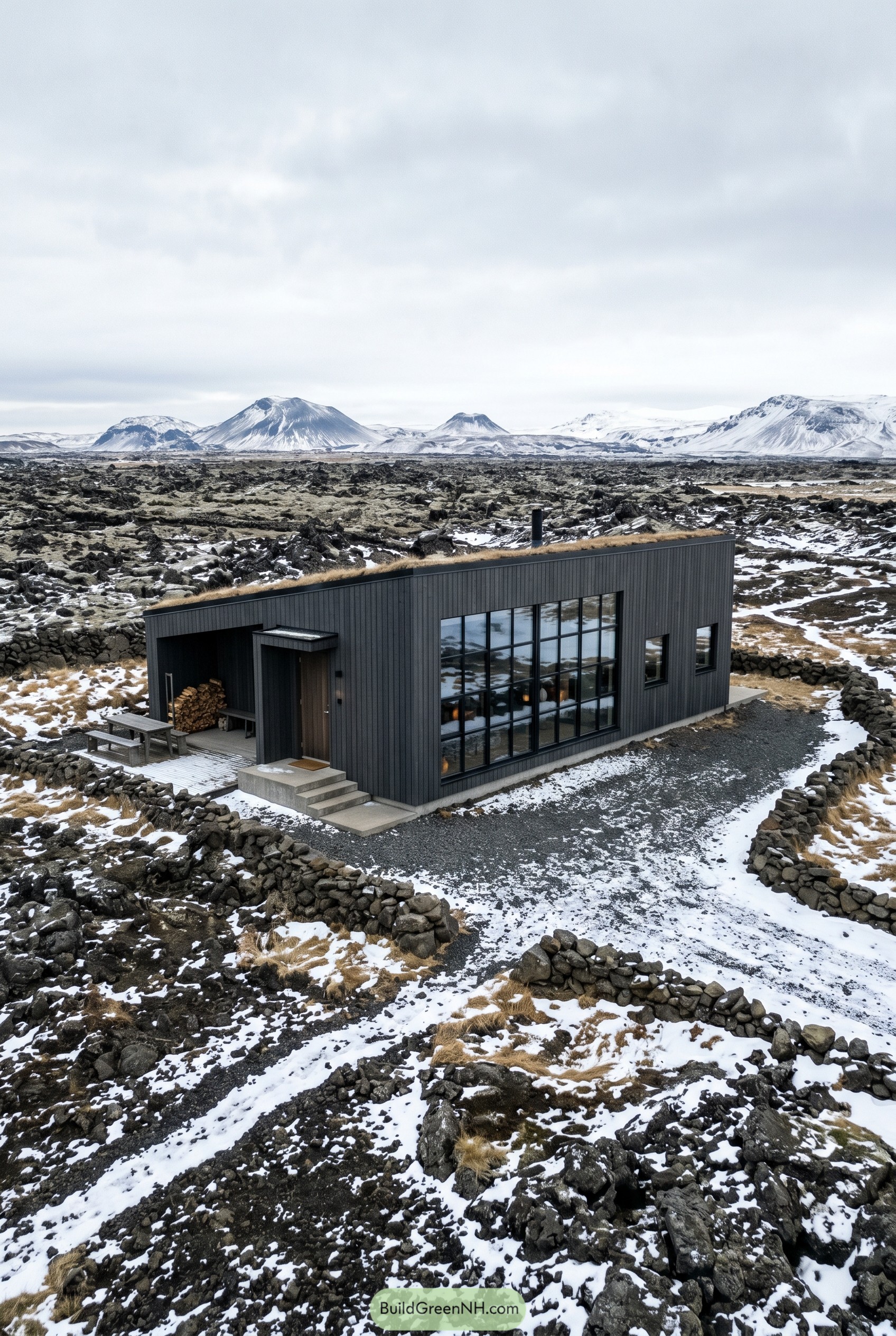 Black cabin with turf roof in snowy lava field