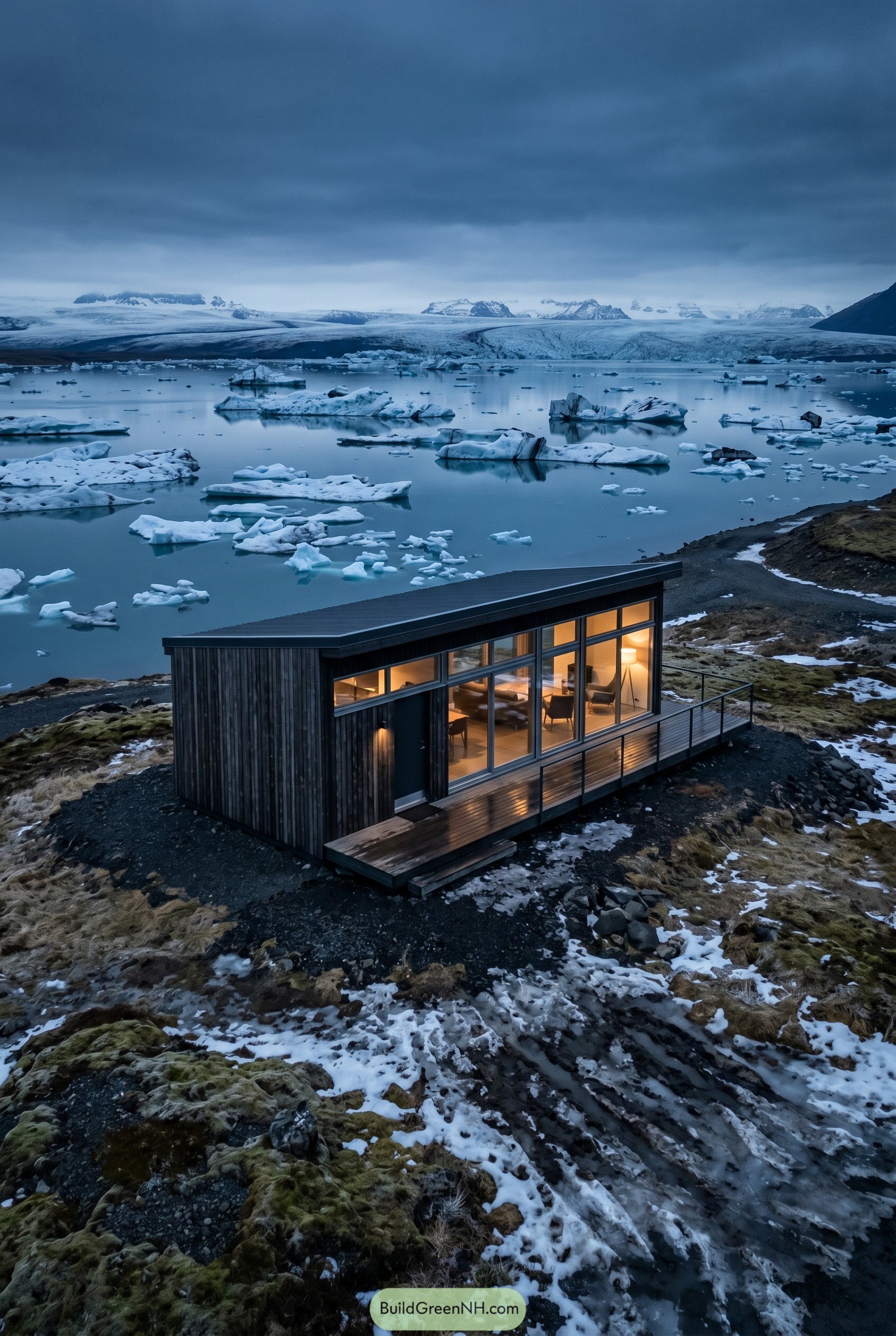 Modern dark wood cabin overlooking an iceberg lagoon
