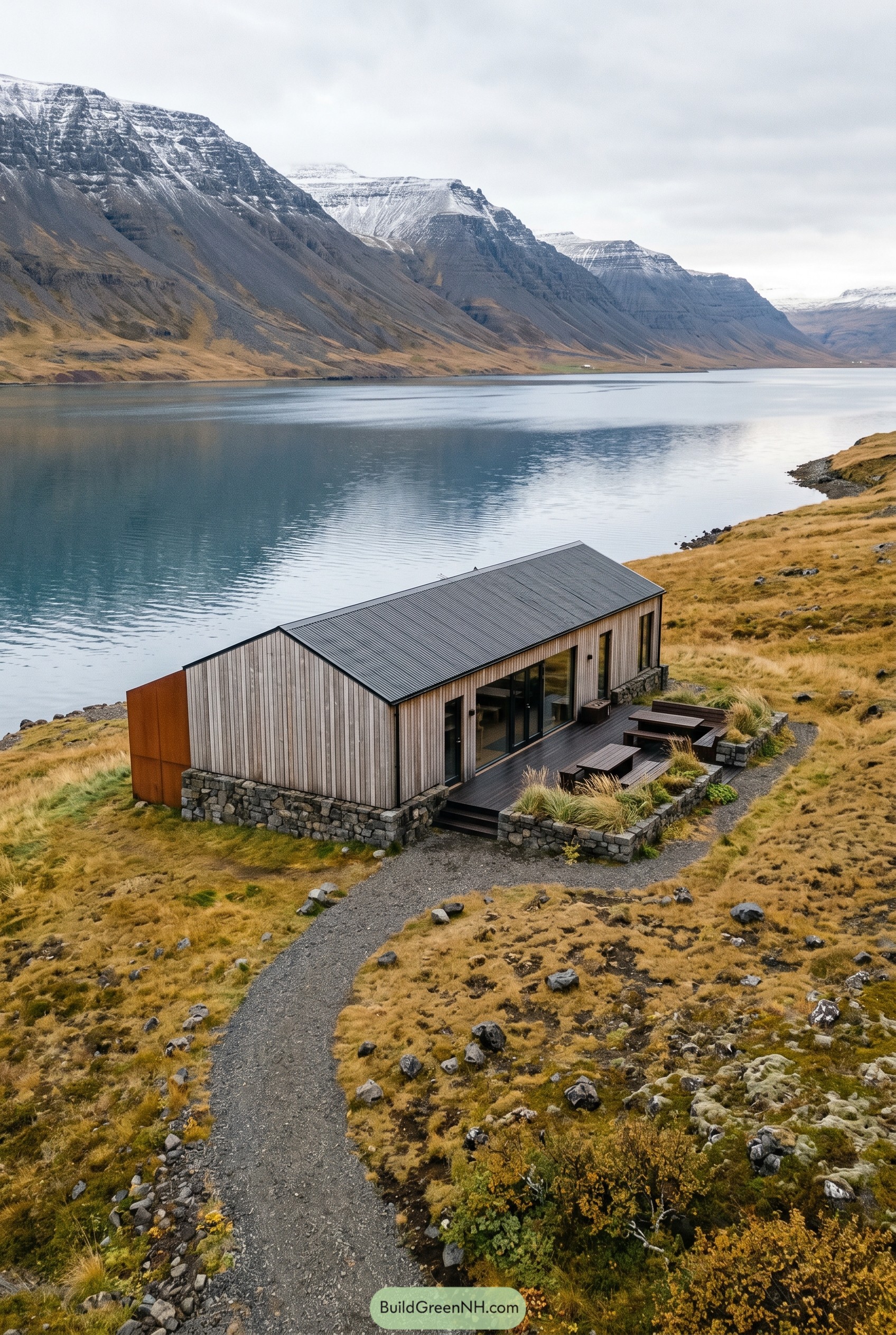 Modern cabin on a fjord hillside