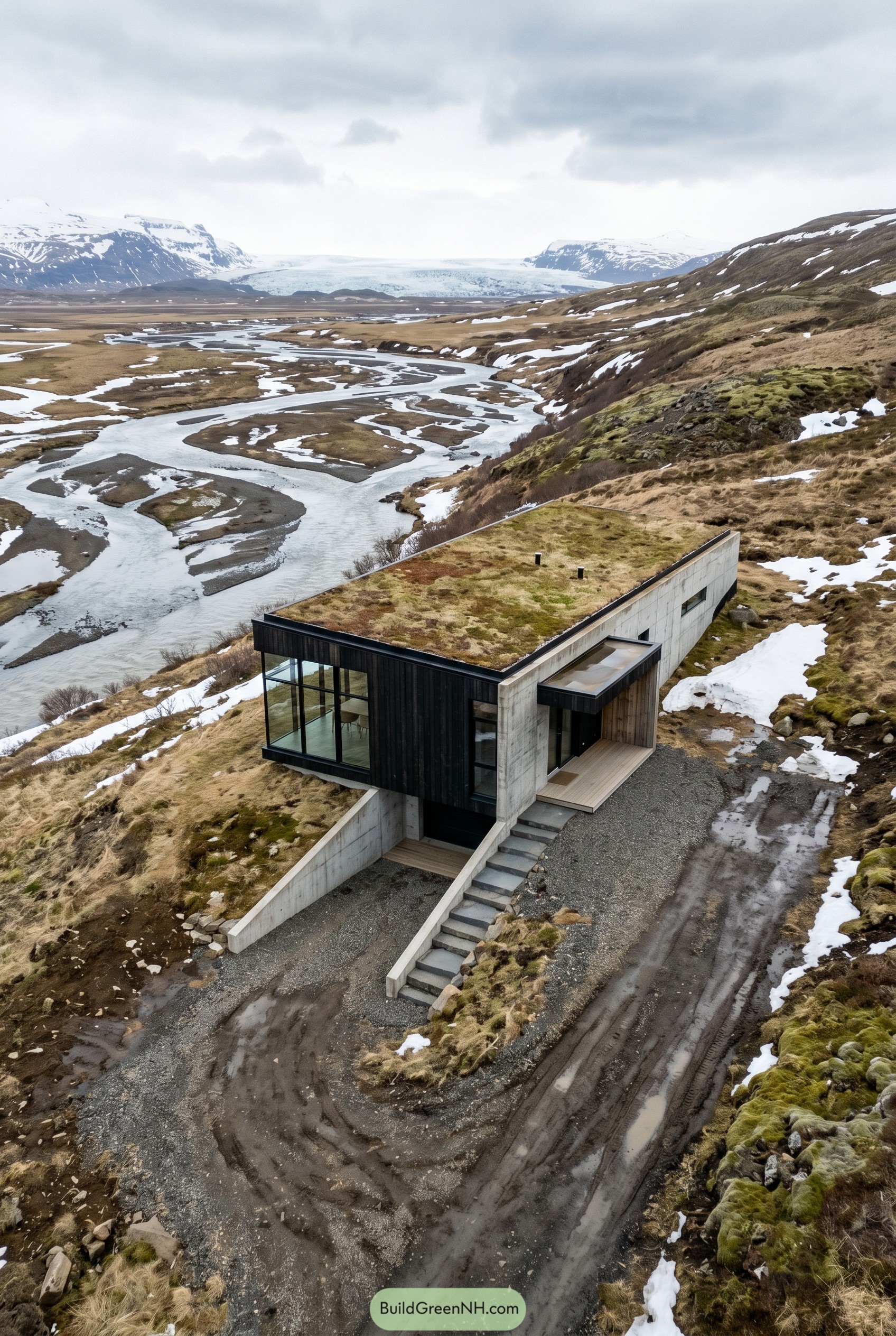 Modern cabin with turf roof above braided river