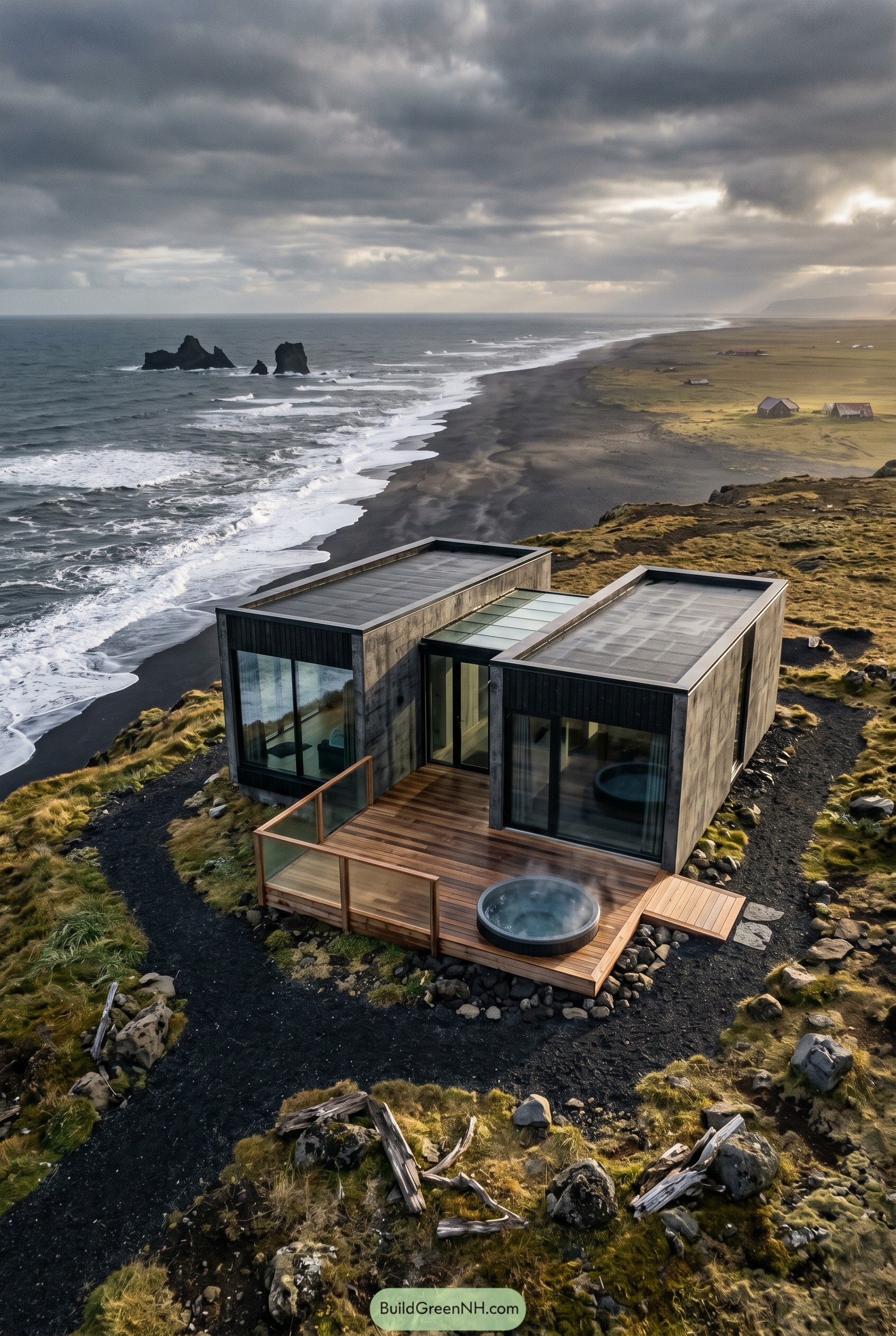 Modern cabin above Icelandic black sand coast