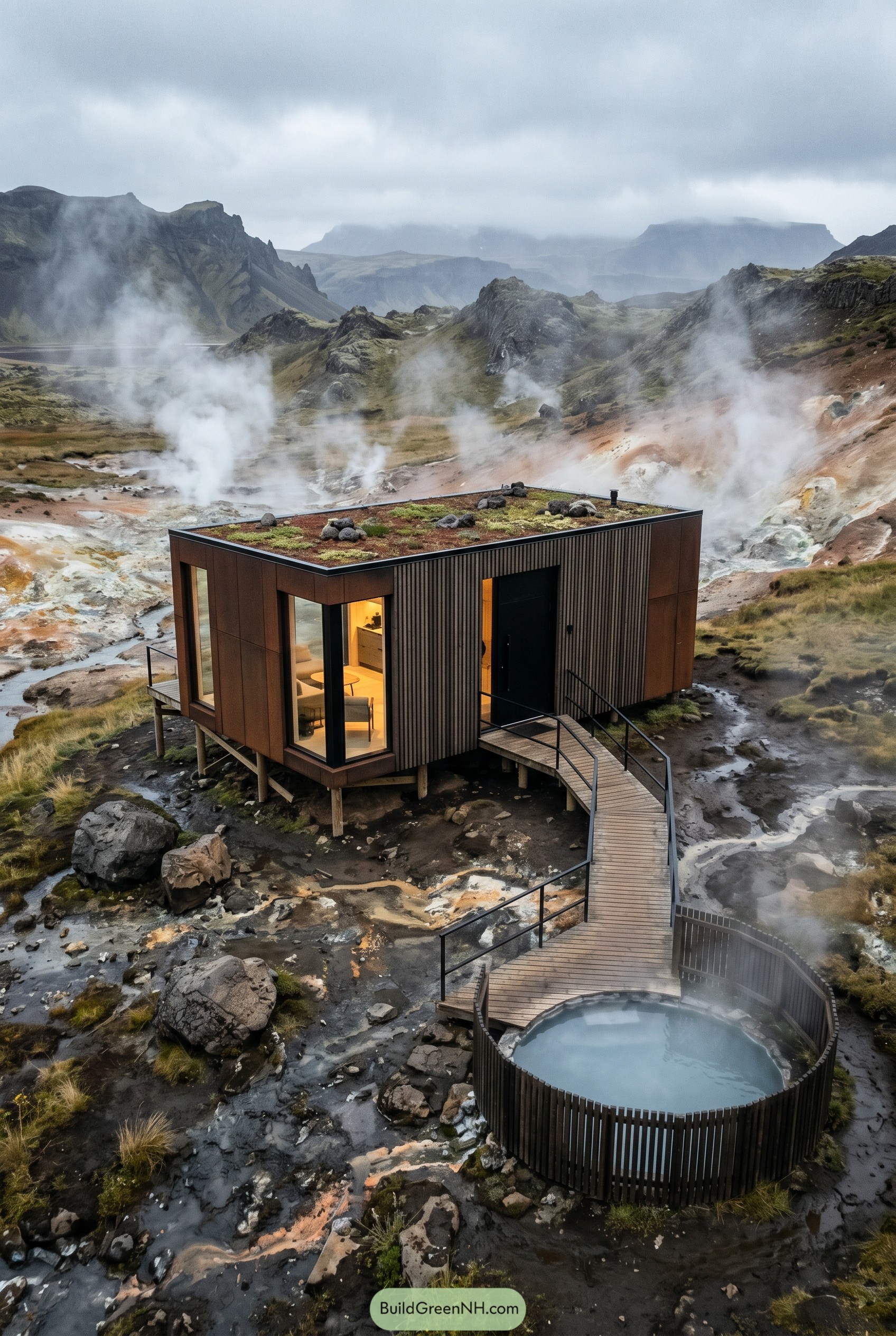Modern geothermal cabin with green roof and hot tub