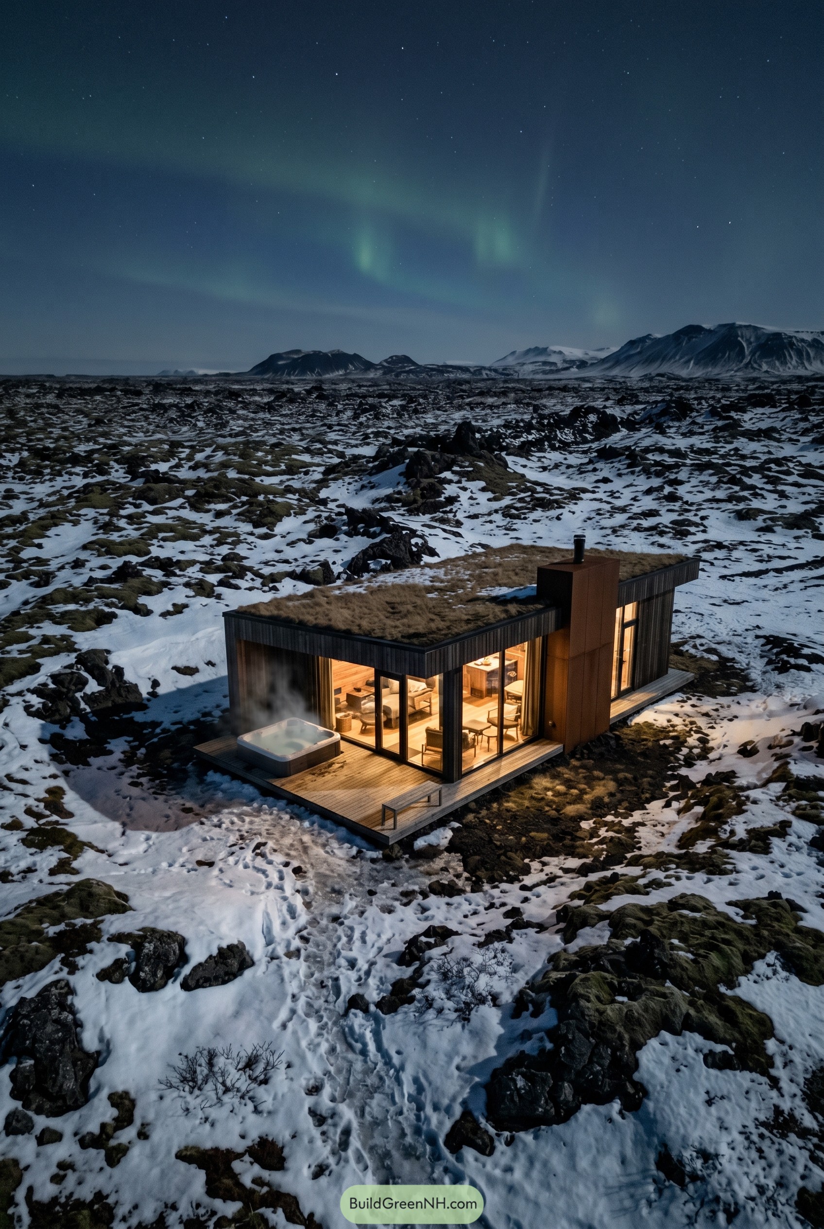 Modern cabin with turf roof and hot tub in a snowy lava field at night