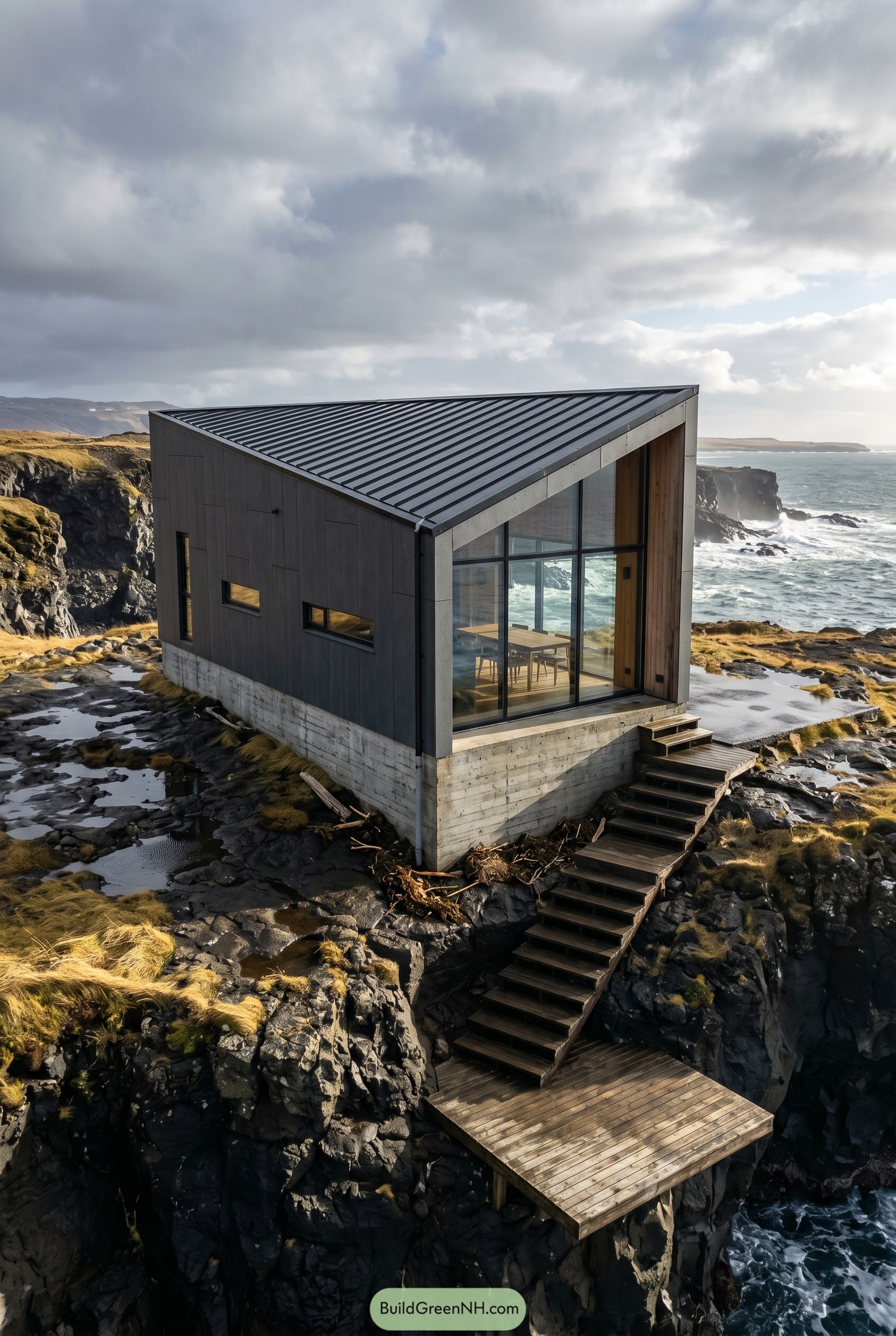 Modern dark cabin on a rocky sea cliff