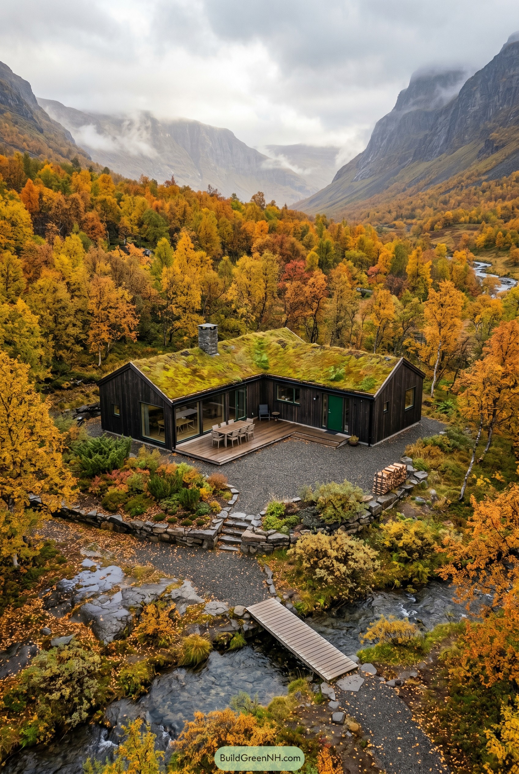 Dark timber cabin with turf roof by stream
