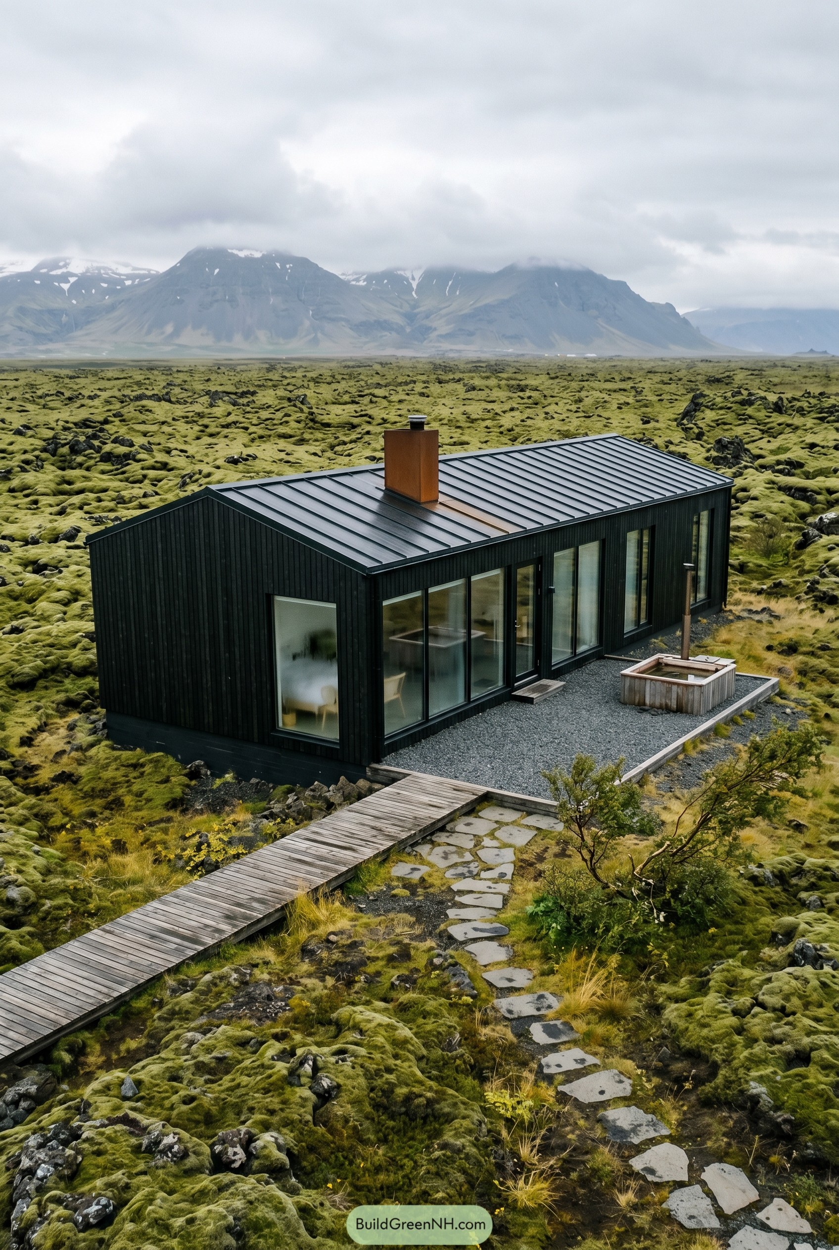 Black modern cabin in a mossy lava field
