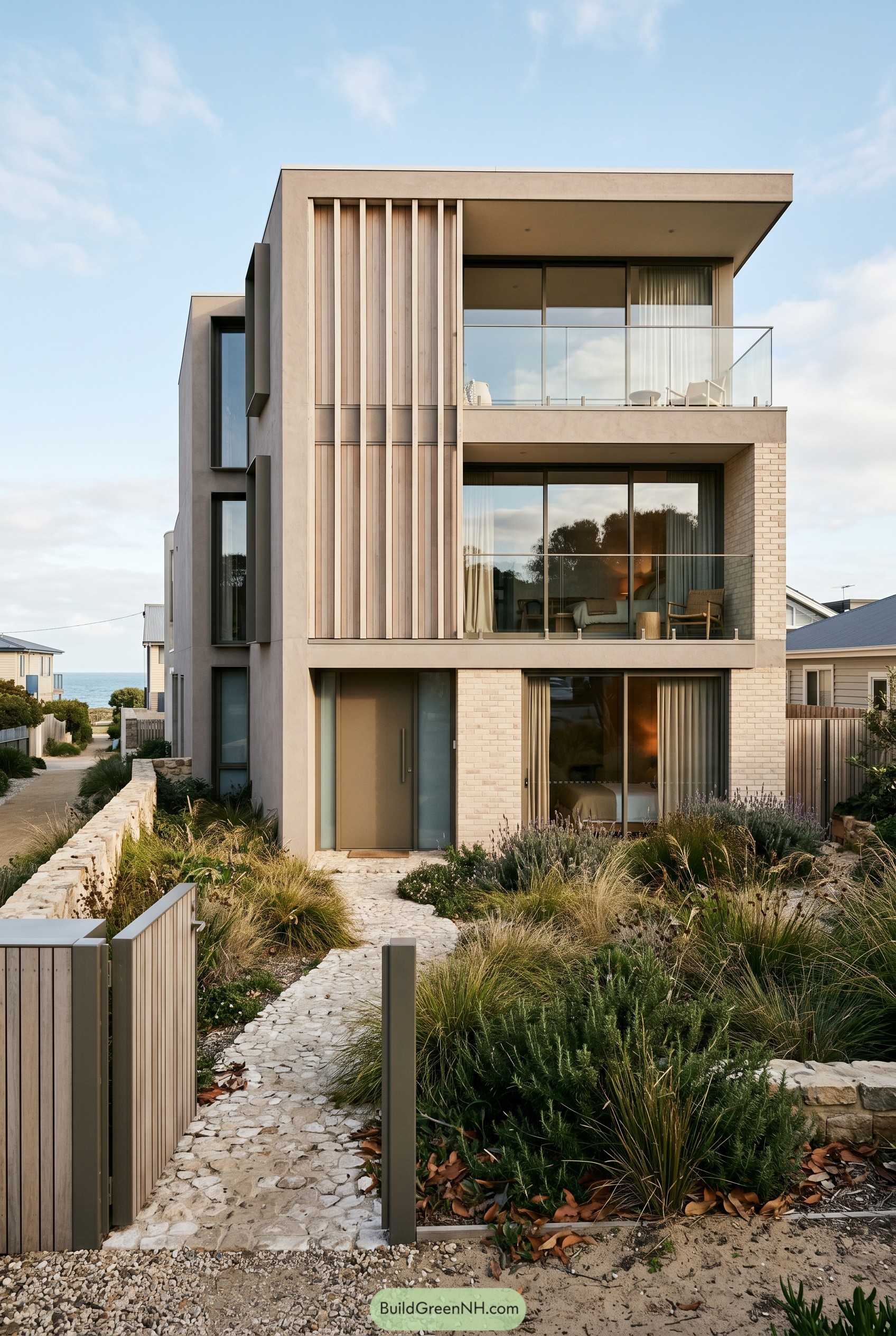 Three story coastal home with timber screen and glass balconies