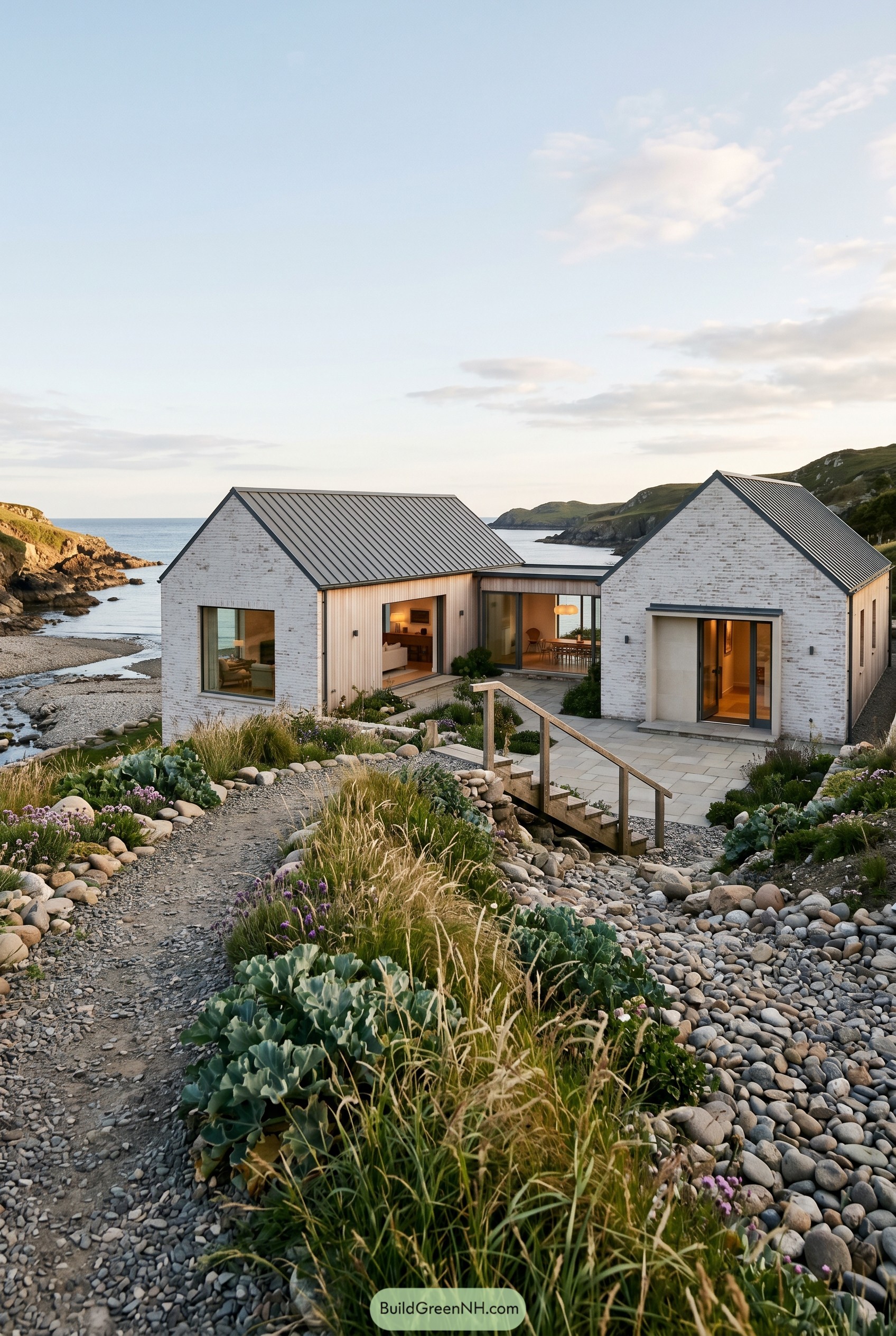 Twin gabled coastal home beside rocky cove