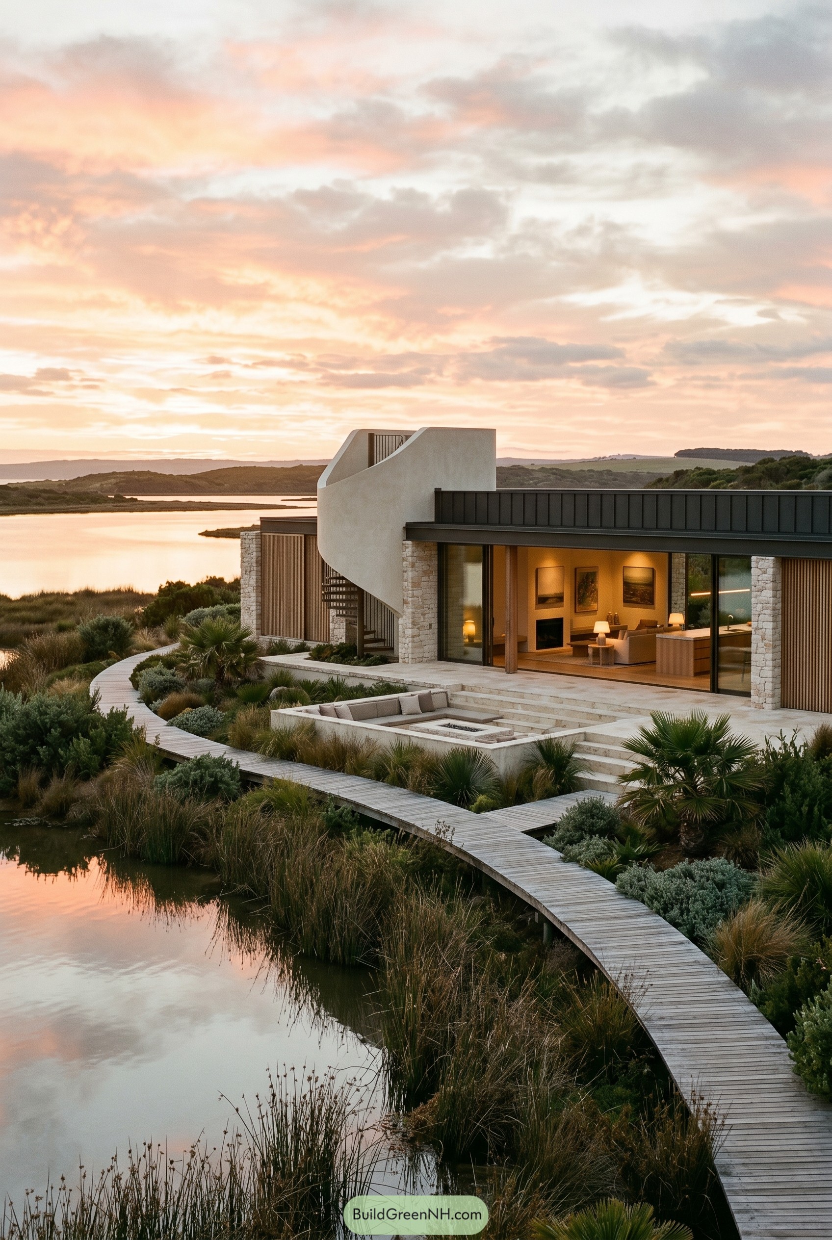 Modern coastal home with curved stair tower and marsh boardwalk