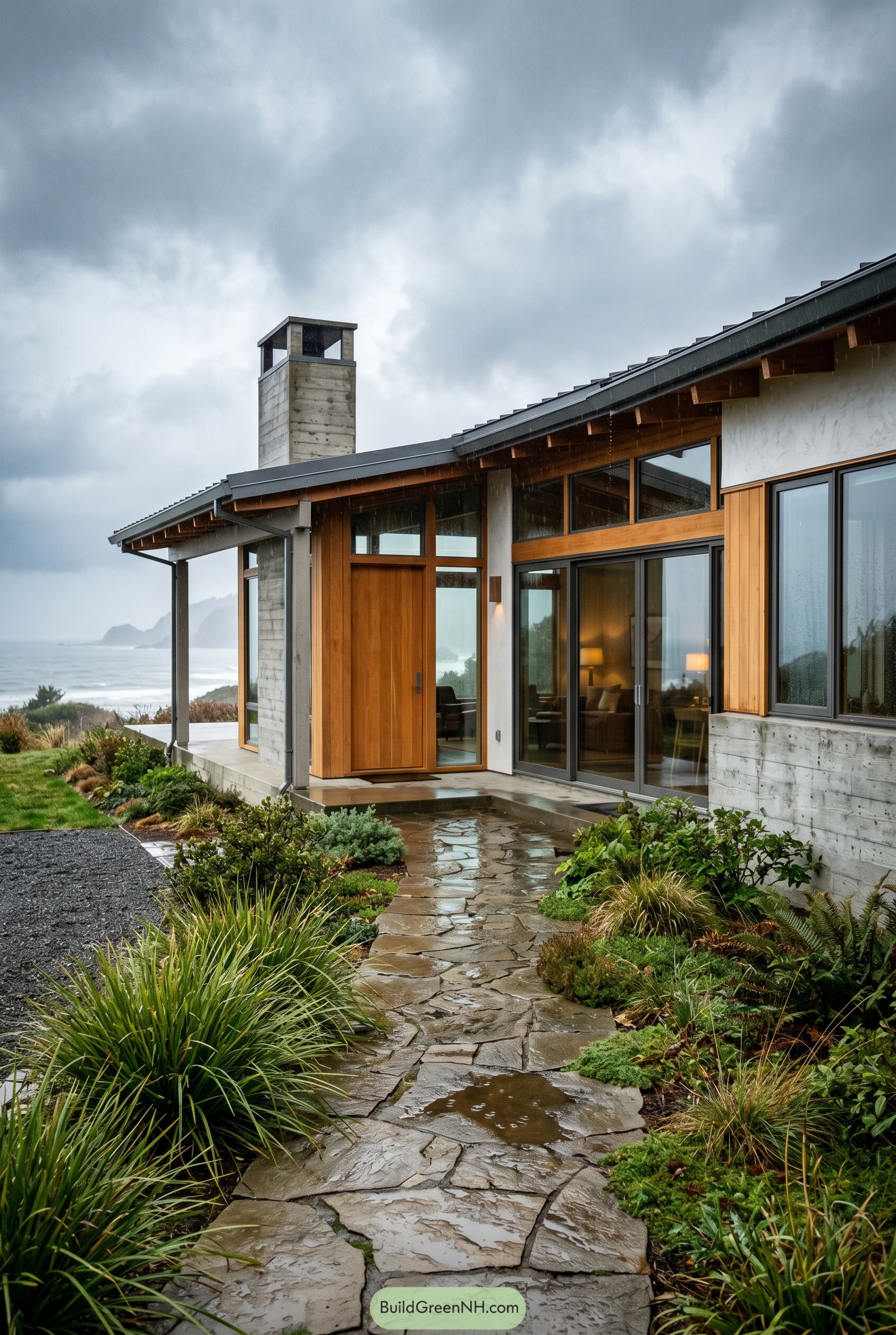Modern coastal home with wood siding and wet stone path