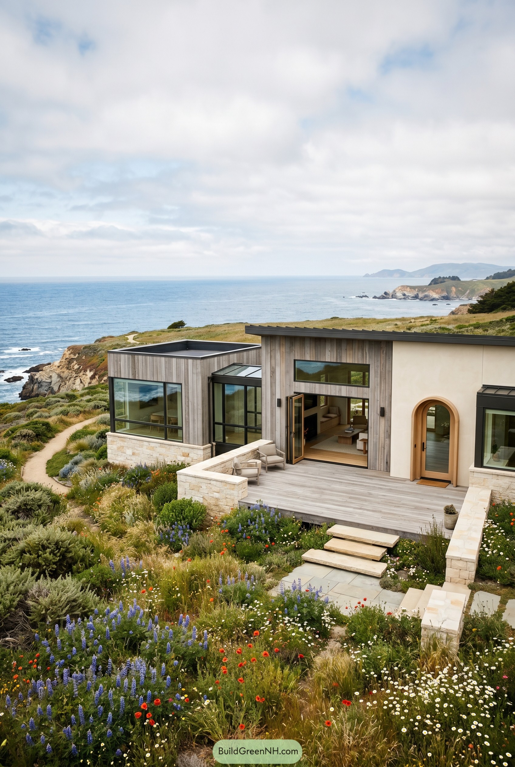 Modern coastal home above a wildflower bluff