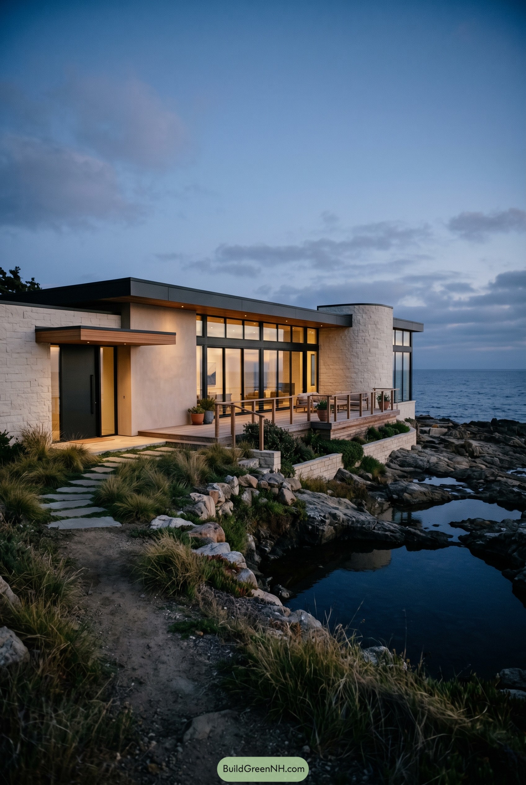 Modern stone and glass home on a rocky shore