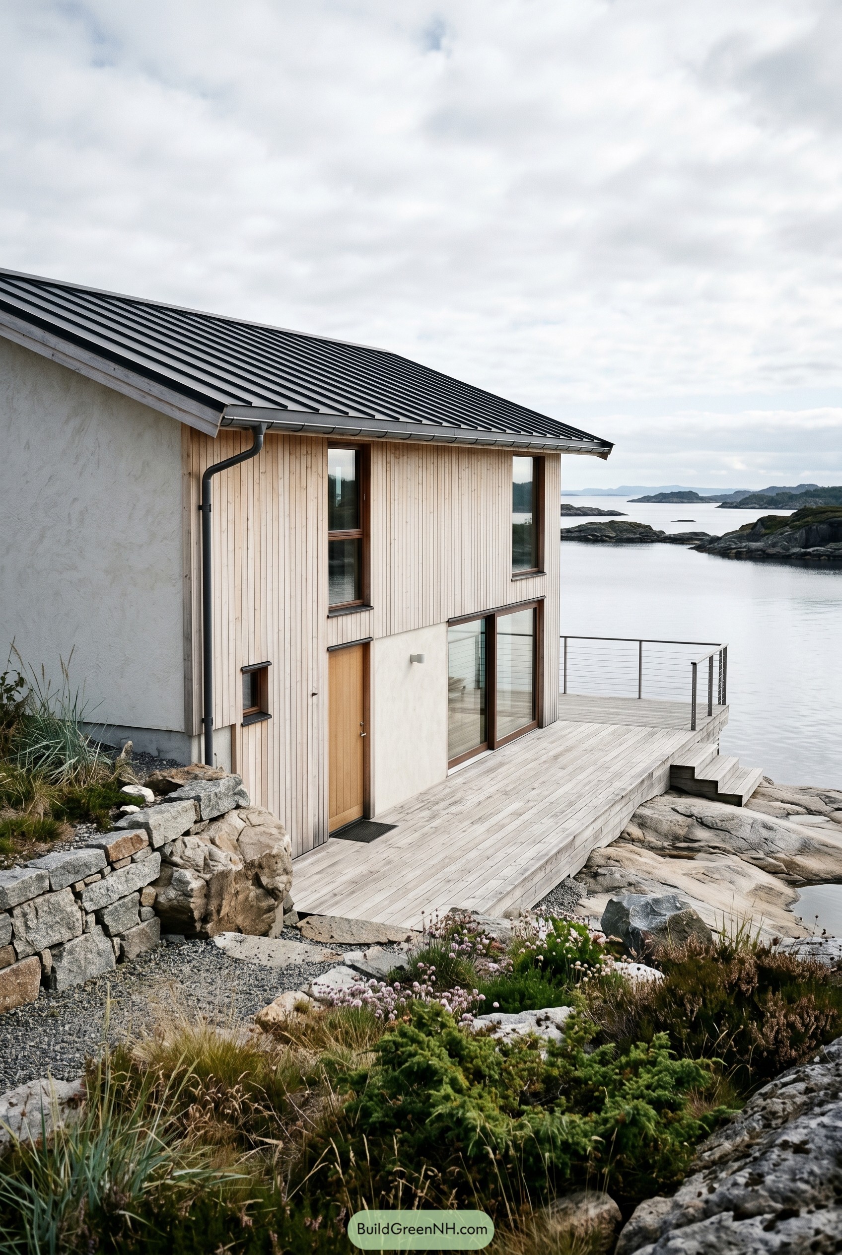 Modern timber coastal house on rocky shore
