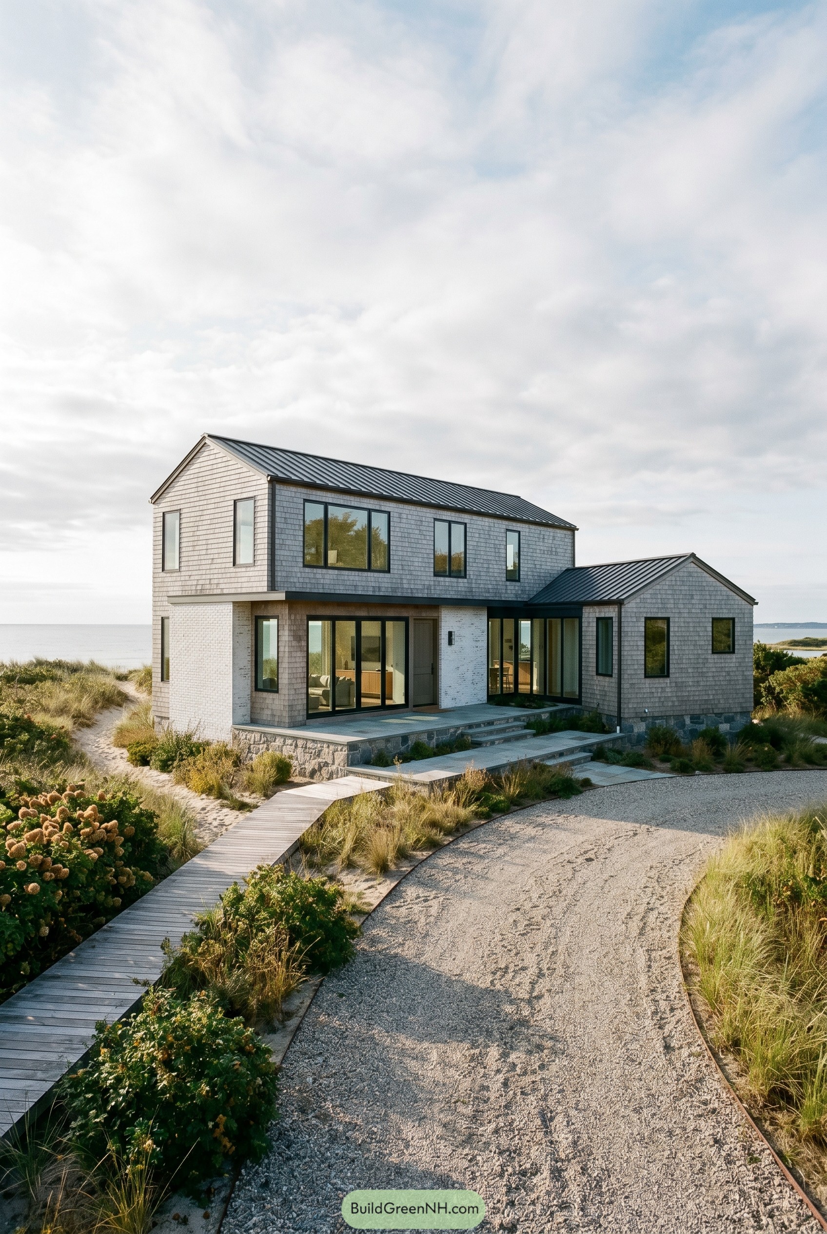 Shingled coastal home with twin gables and dune boardwalk