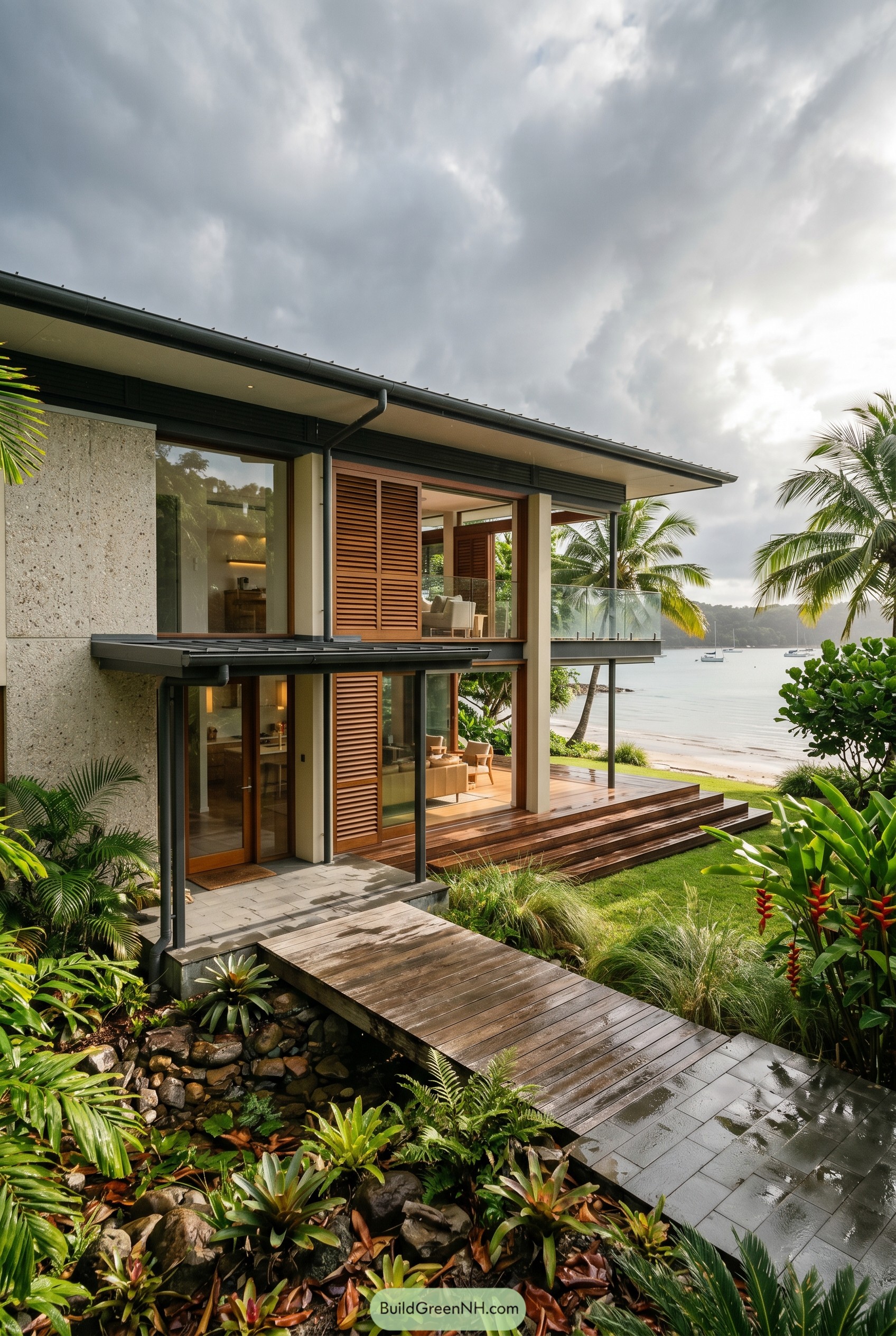 Tropical modern beach house with wood shutters and deck