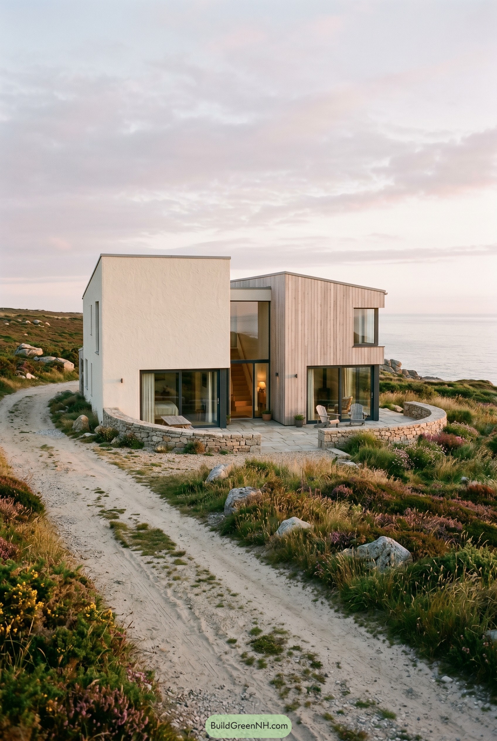 Modern coastal house with white stucco timber cladding and a curved stone terrace