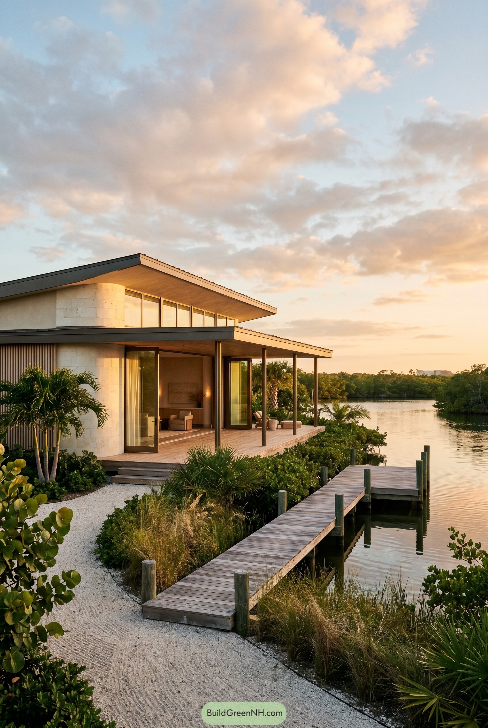 Modern waterfront home with dock and deep eaves