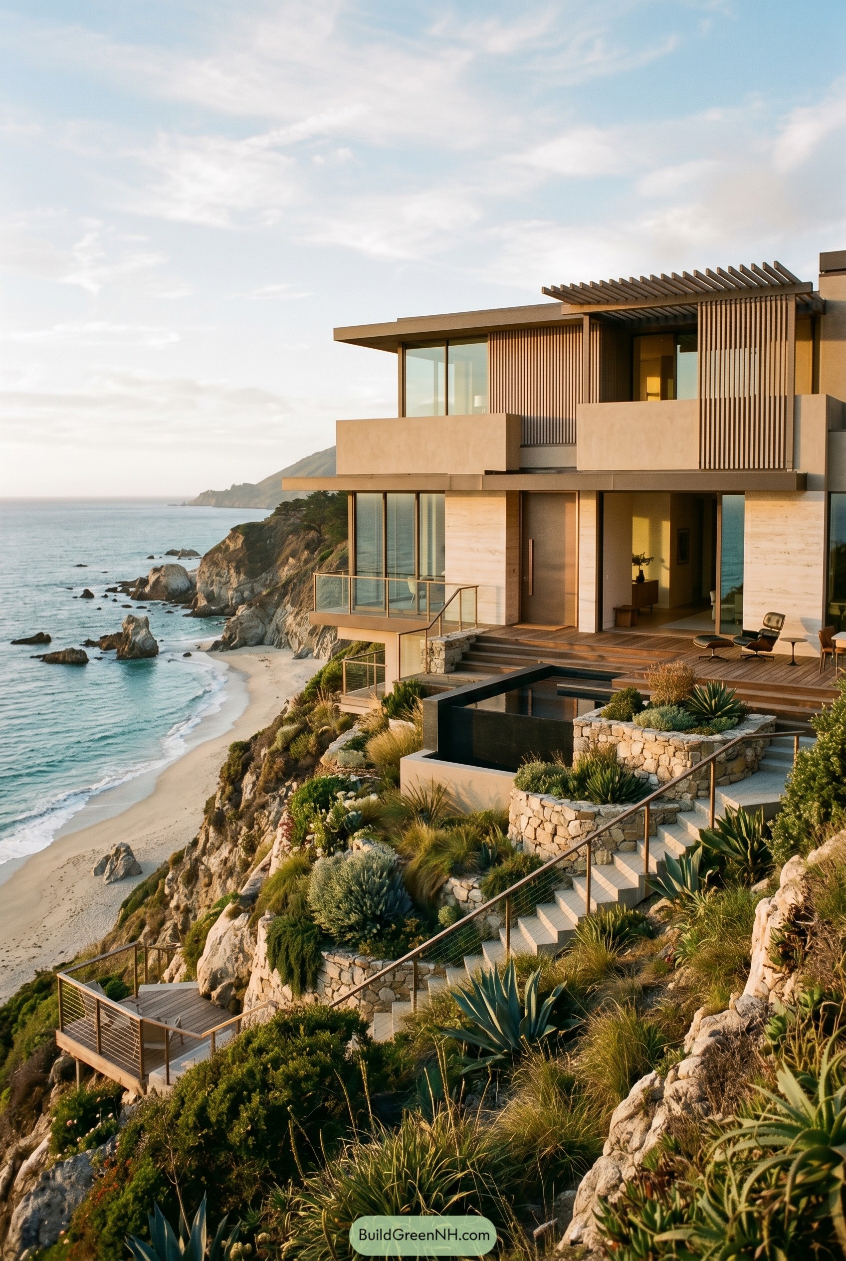 Modern cliffside home with terraced stone gardens
