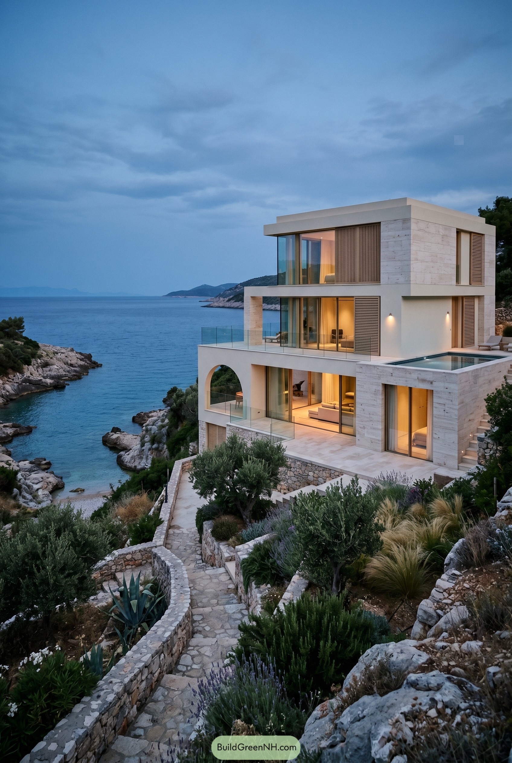 Modern cliffside villa with terraces above a rocky cove