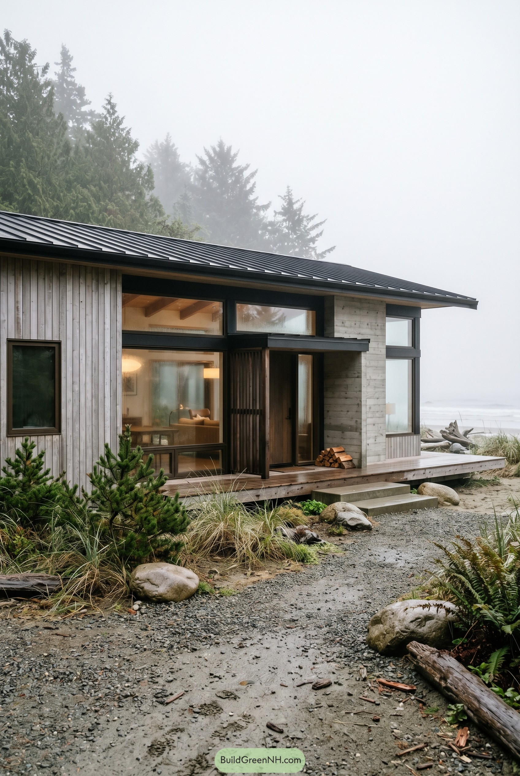 Modern cedar beach house in coastal fog