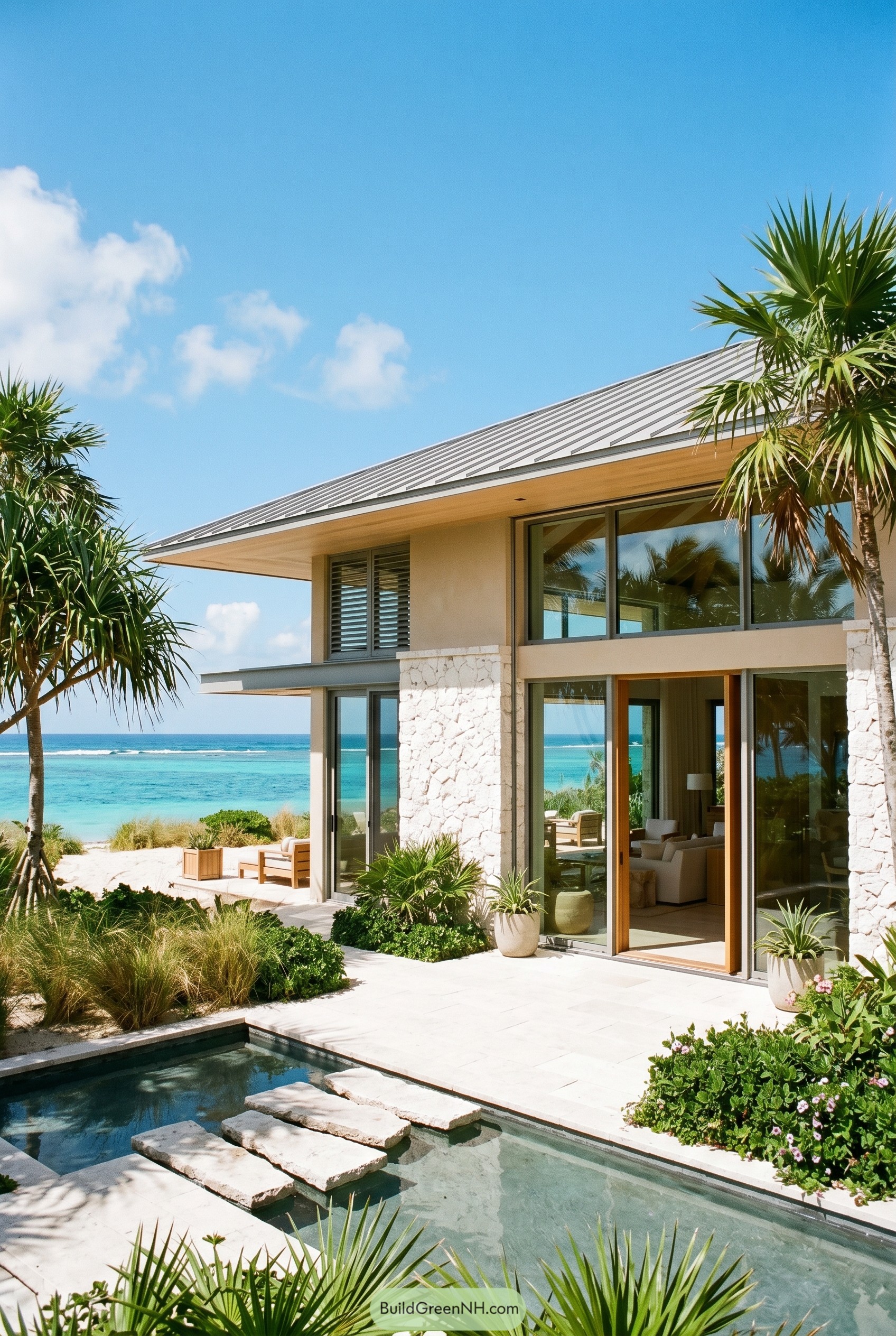 Modern beachfront home with pool and palms