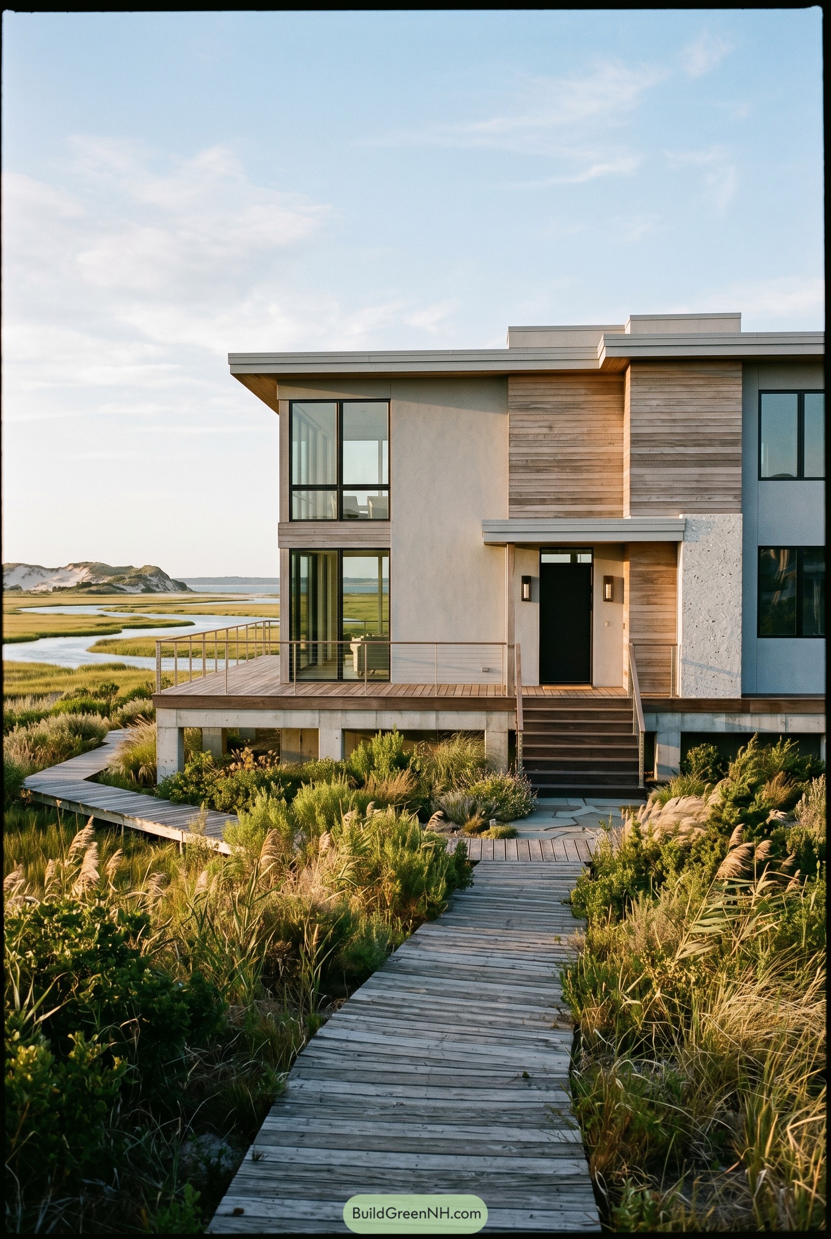 Raised modern coastal home beside marsh