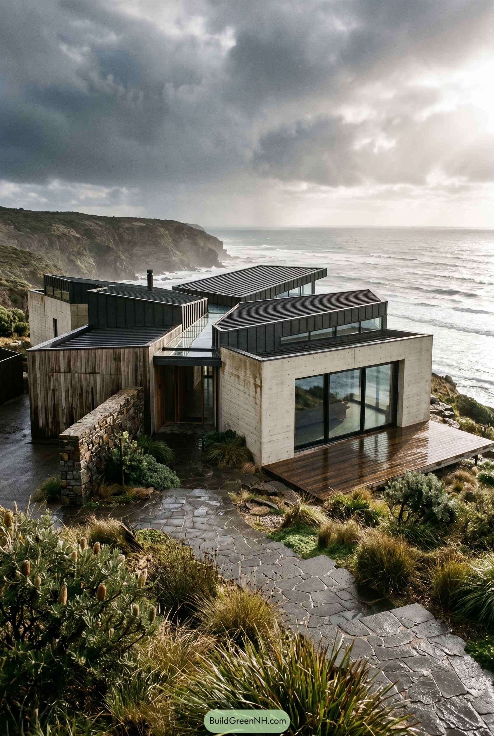 Modern cliffside house with black metal roofs