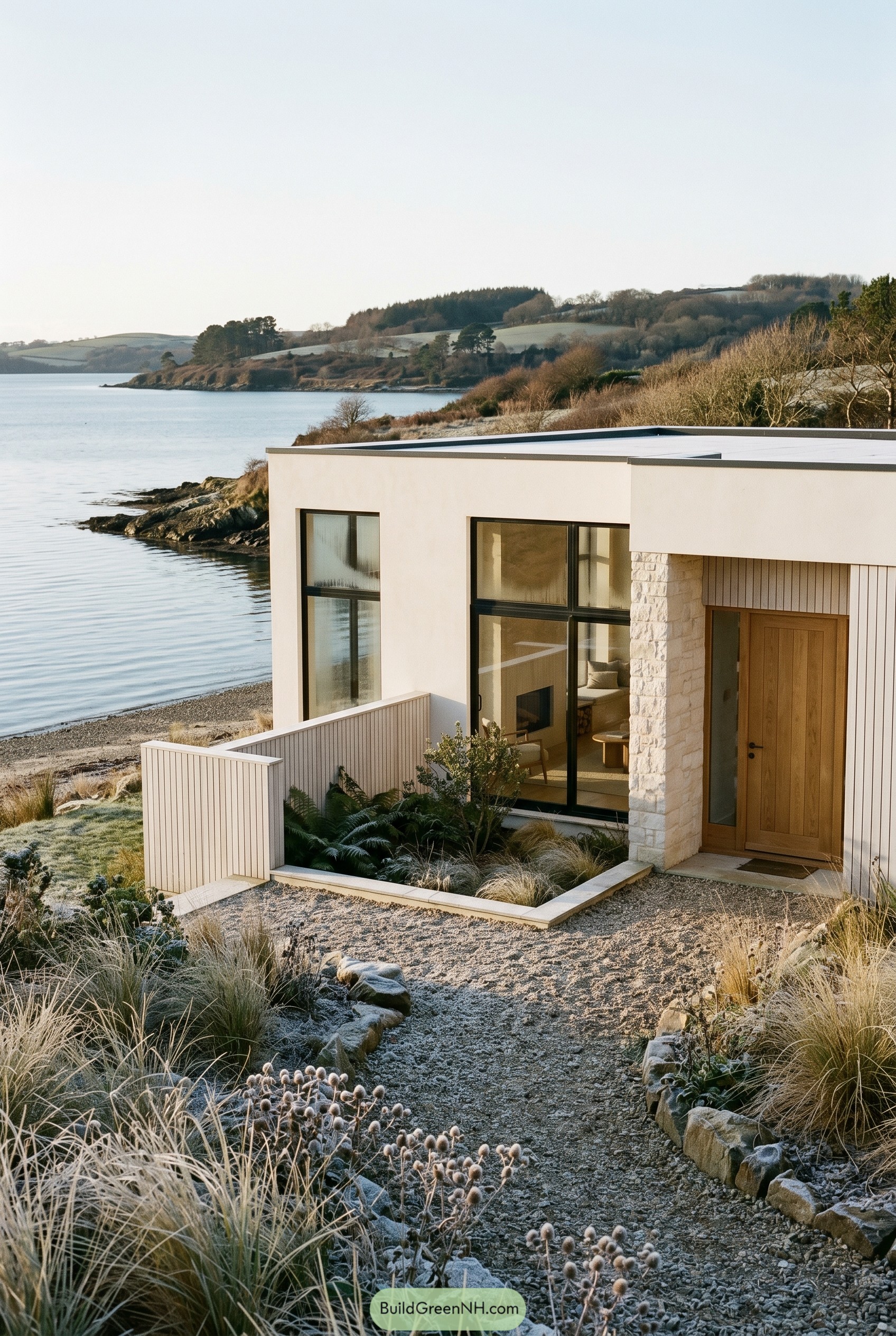 Modern white coastal house beside calm inlet